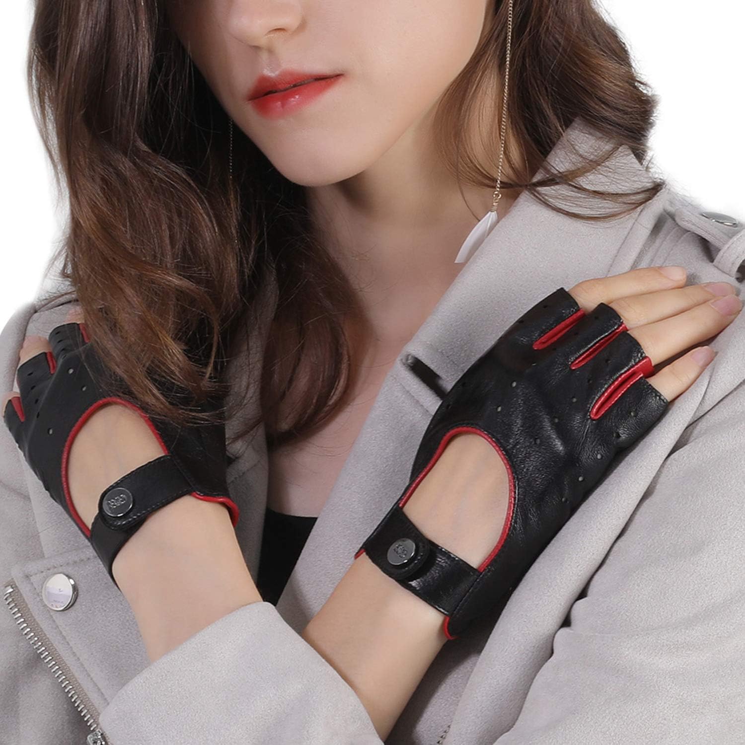 GSG Women Fingerless Leather Gloves - Driving Motorcycle Biker Gloves - Unlined Half Finger - Image 2