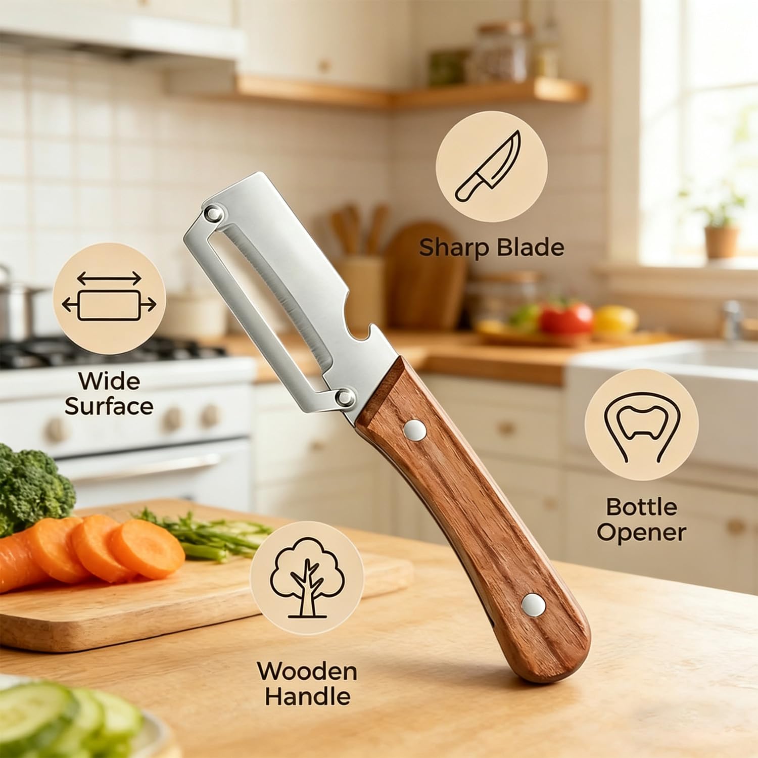 2-in-1 Multifunctional Vegetable Peeler with Wooden Handle & Stainless Steel Blade, Multifunctional Vegetable Peeler, Built-in Bottle Opener, Fruit & Vegetable Kitchen Peeling Tool (1Pcs) — view 3