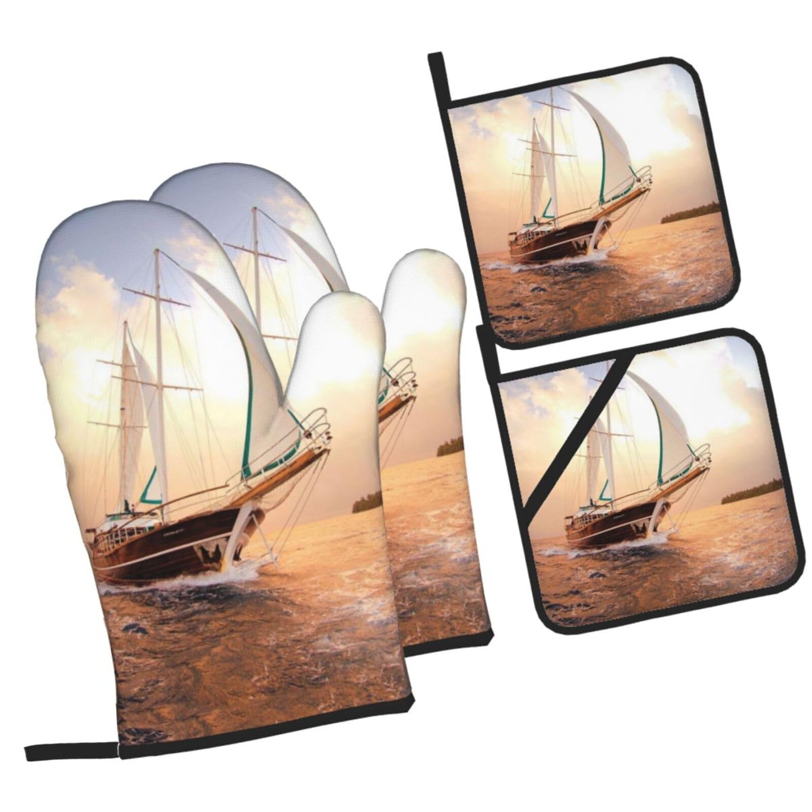 White Sailing Ship at Sunset Printed Oven Mitts and Pot Holders Heat Resistant Set of 4 Pcs, Modern Kitchen Gloves & Potholders for Cooking Baking Grilling