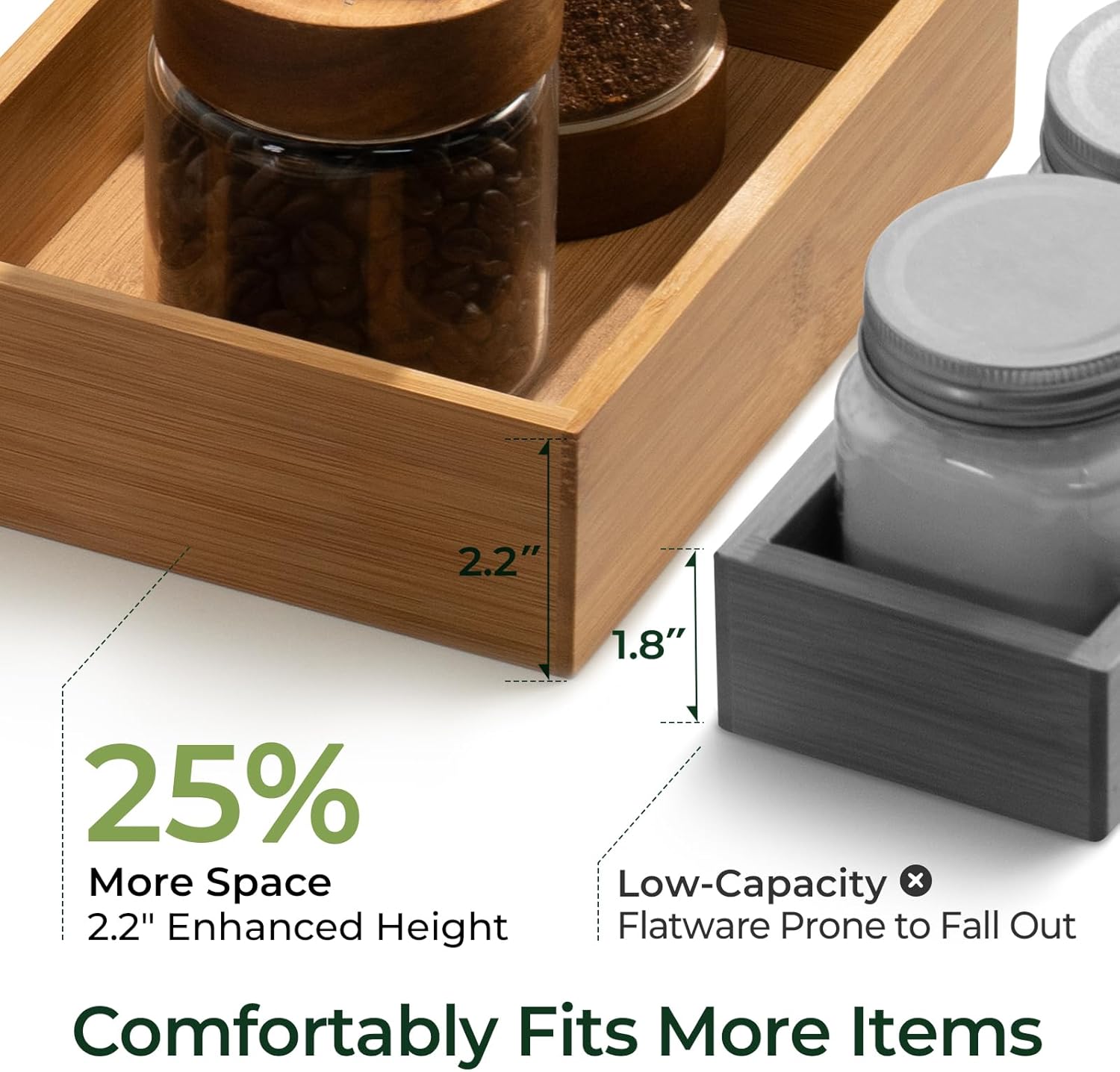 keechee 5-Piece Bamboo Drawer Organizer Set, 2.2" Deep Multi-Use Organizers for Utensils, Silverware, Cutlery, Desk, Bathroom, Junk Drawer & Makeup, Non-Slip Feet Included.