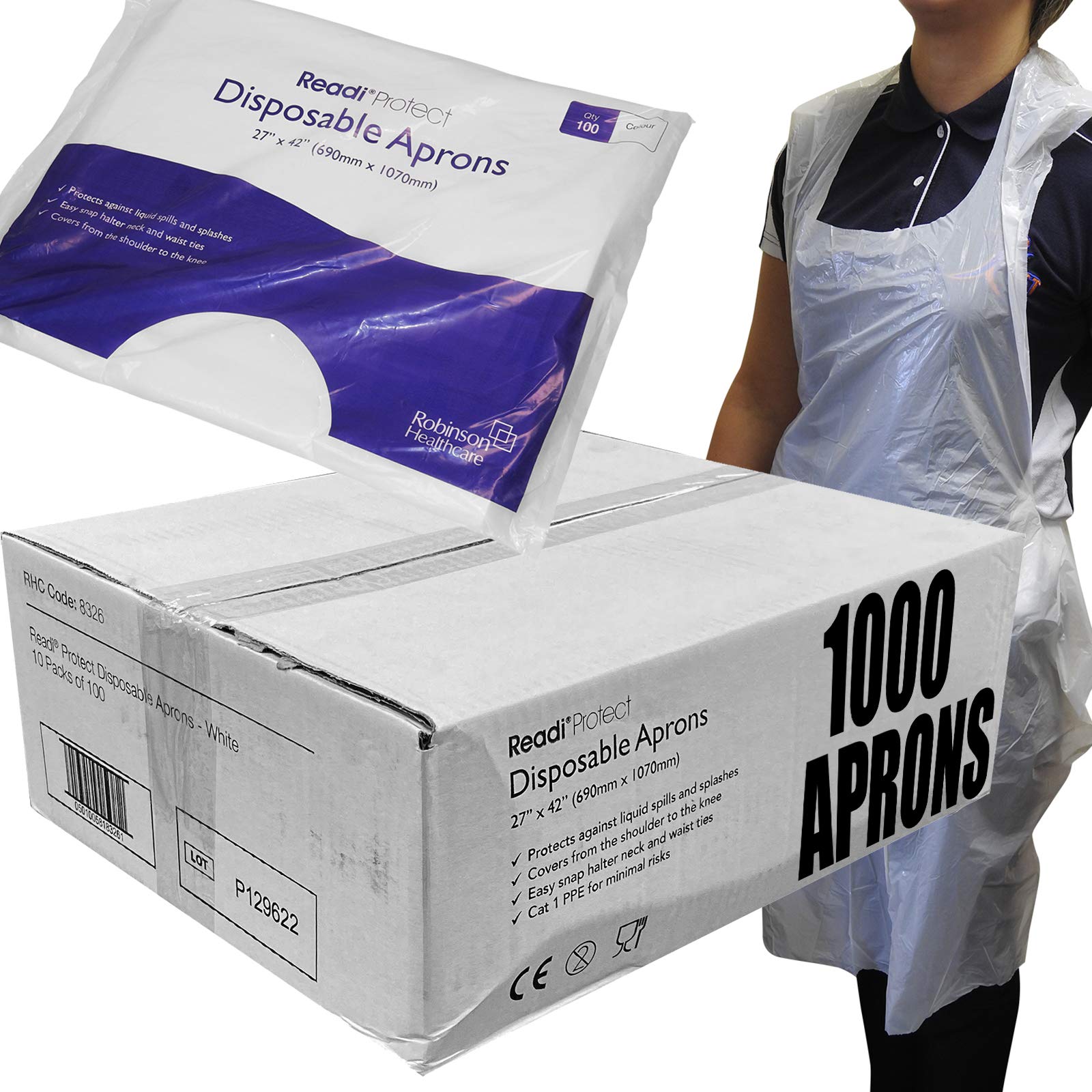 Readi White Full Box 10 Packs - 1000 Disposable Aprons, Medical First Aid Homecare