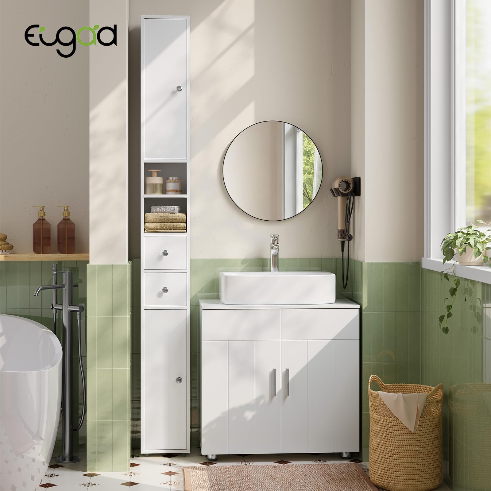 EUGAD Armadio Alto da Bagno, Mobiletto da Bagno, Colonna Bagno Stretta, 20 x 20 x 180 cm, Mobiletto Salvaspazio Stretto, con Ripiani Regolabili, per Spazi Ridotti, Soggiorno, Corridoio, Bianco