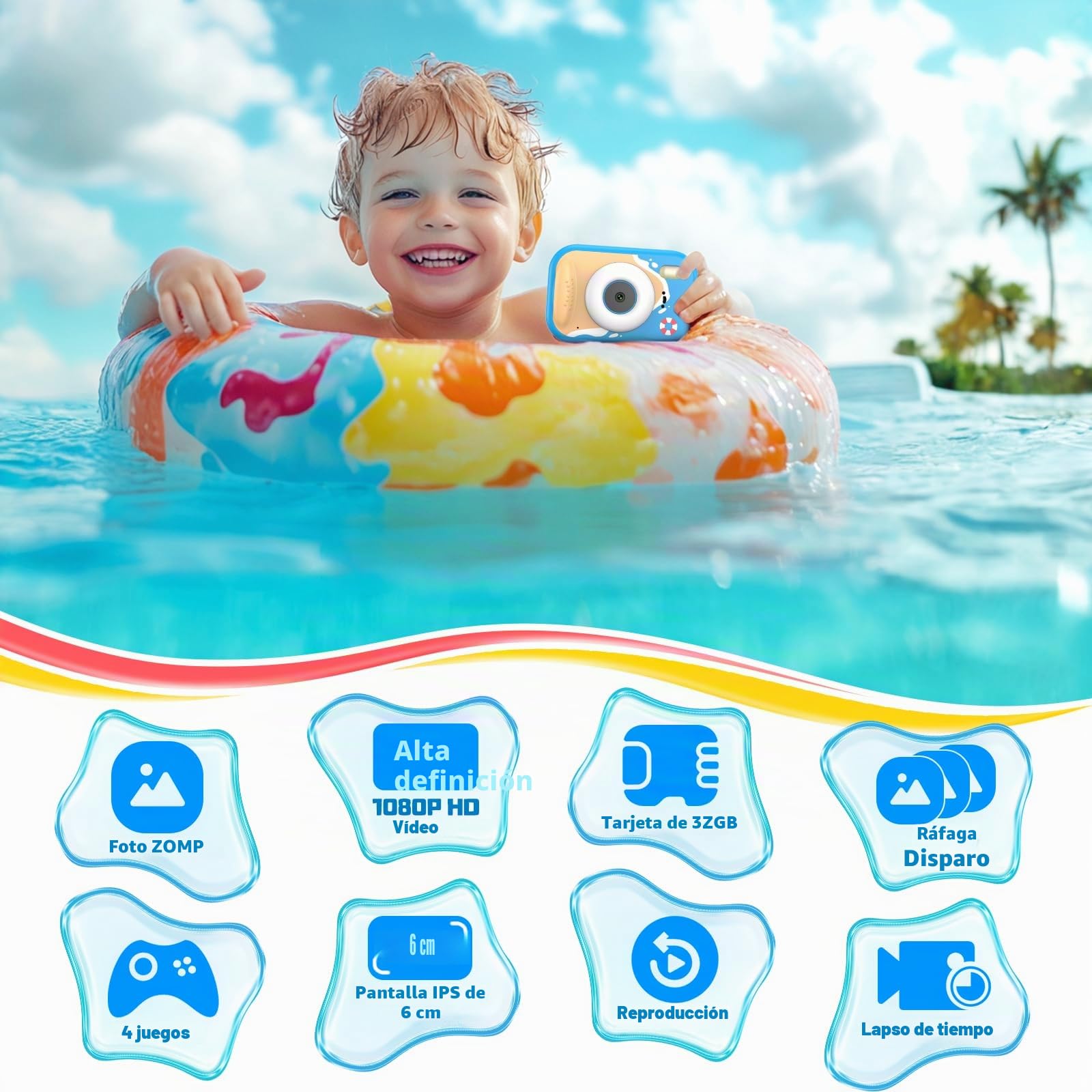 Cámara Fotos Infantil, 48MP HD 1080P Cámara Acuática para Niños con Pantalla de 2,4 Pulgadas + SD 32GB Ideal para Deportes Acuáticos, Natación y Playas (Azul)