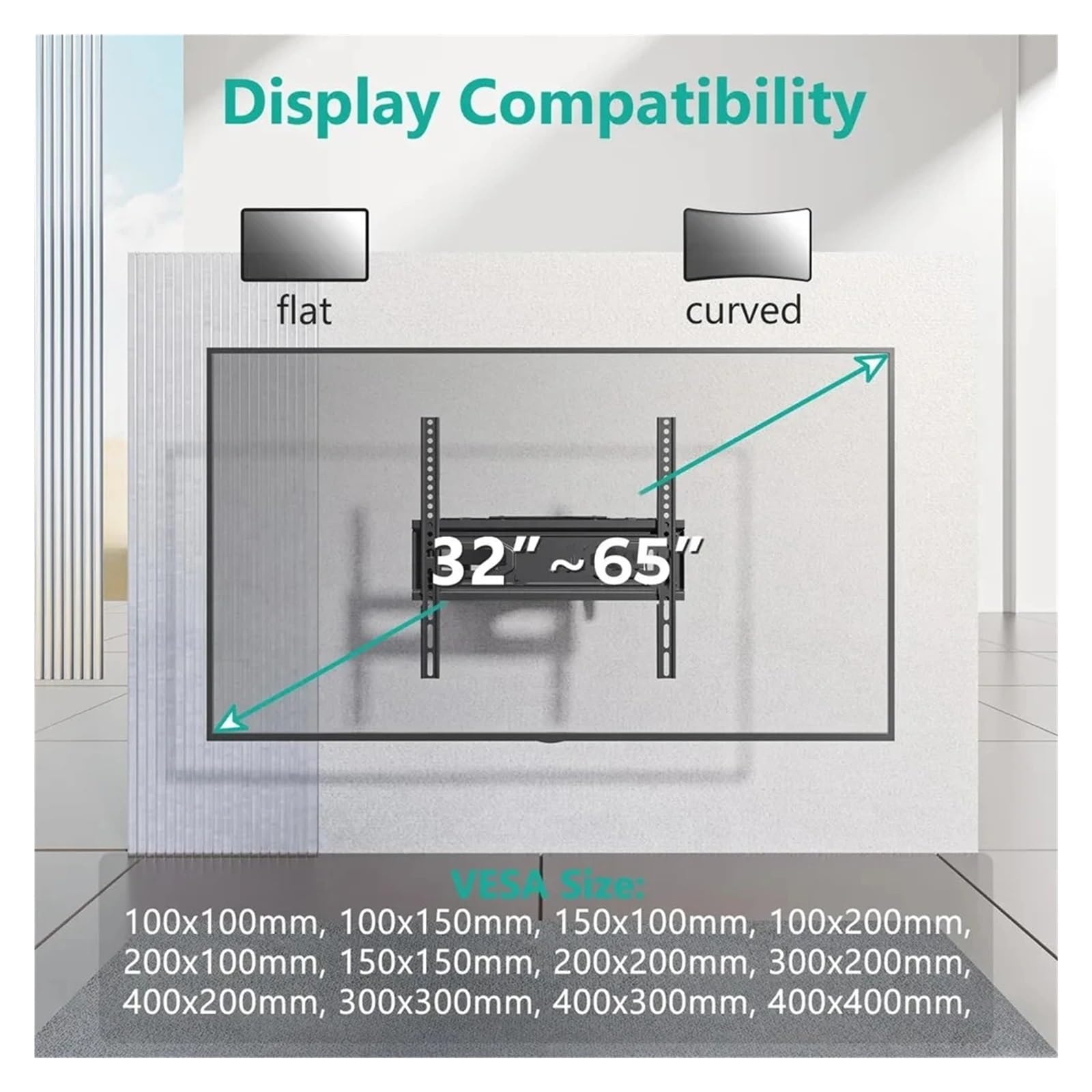 Supporto Universale Fisso da Parete per TV Piatte/Curve da 32 a 65 Pollici - Profilo Basso, inclinazione di ±15°, staffe VESA 400x400mm - Installazione Semplice e sicura.