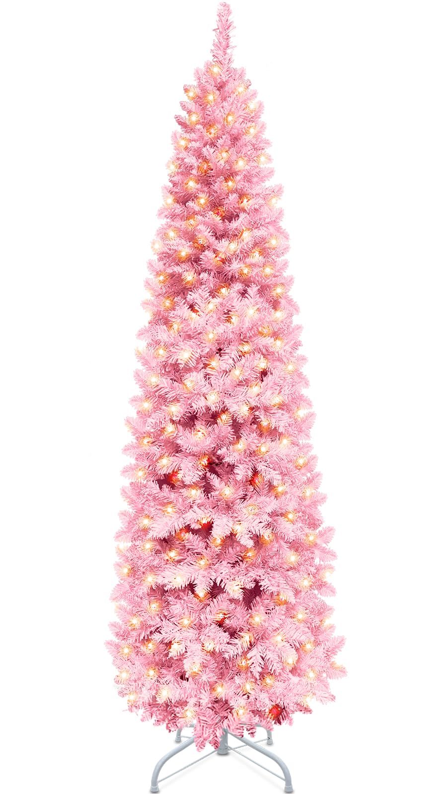 7 Feet Prelit Pencil Christmas Tree Pink Decoration 300 LED Adapter Powered Warm Lights 1000 Branch Tips Metal Stand Hinged Artificial Valentines Day Tree Indoor Outdoor Home Decor Holiday