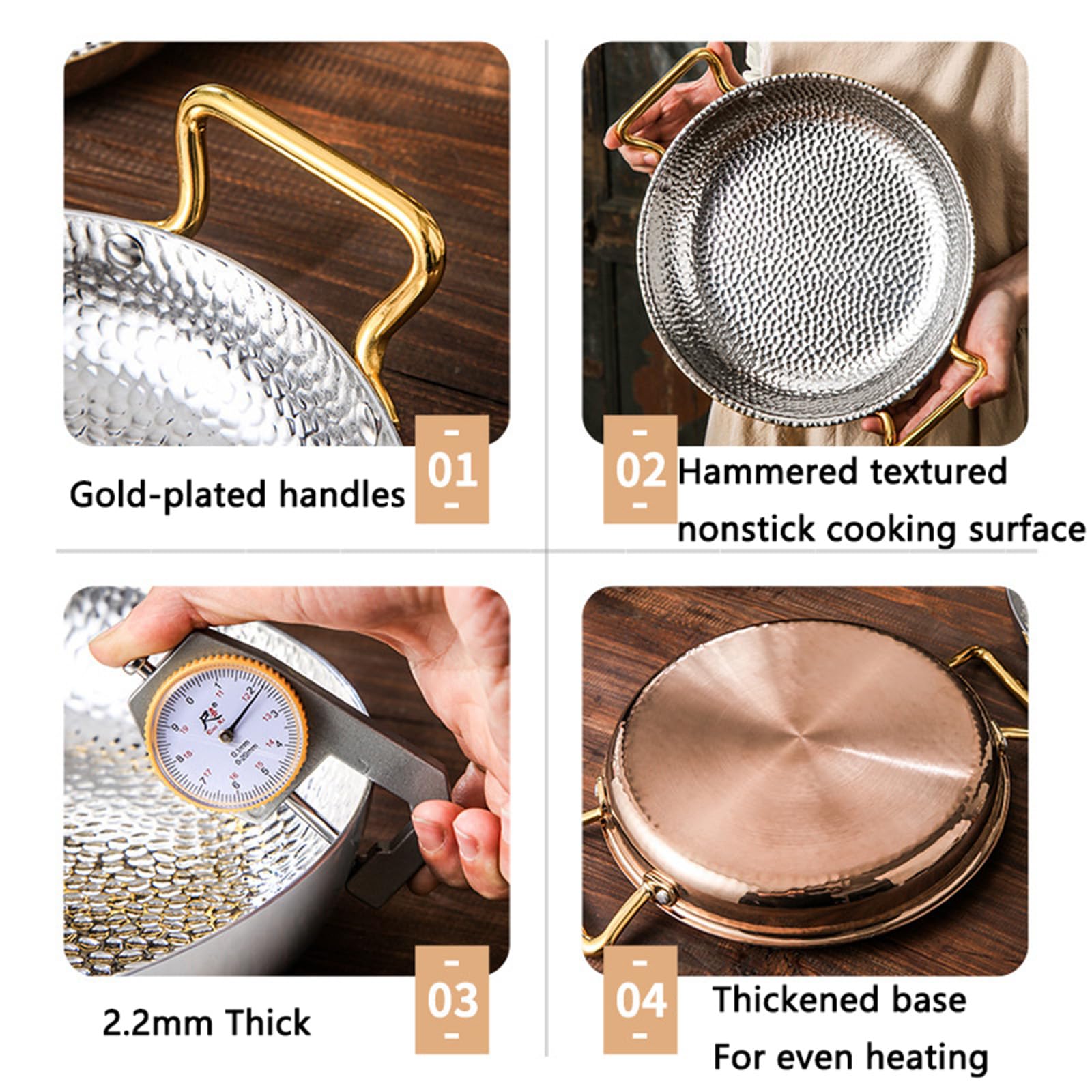 Paellera española, sartén de Acero Inoxidable 304 con Asas Dobles remachadas, Utensilios de Cocina antiadherentes sin Revestimiento para Gas e inducción,Rose Gold,28cm
