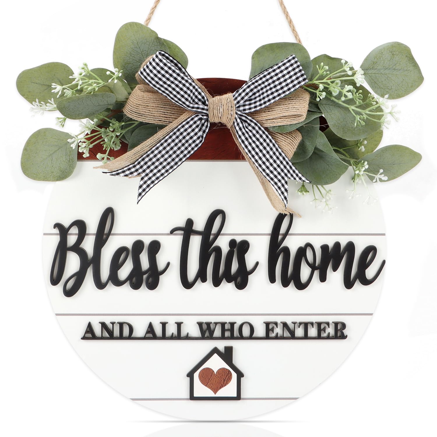 3D Bless This Home Wooden Door Sign Hanging, Welcome Porch Wall Sign with Bow-knot Wreath, Bless This Home And Who Enter Sign Housewarming Gift for Kitchen/Entryway/Porch/Front Door