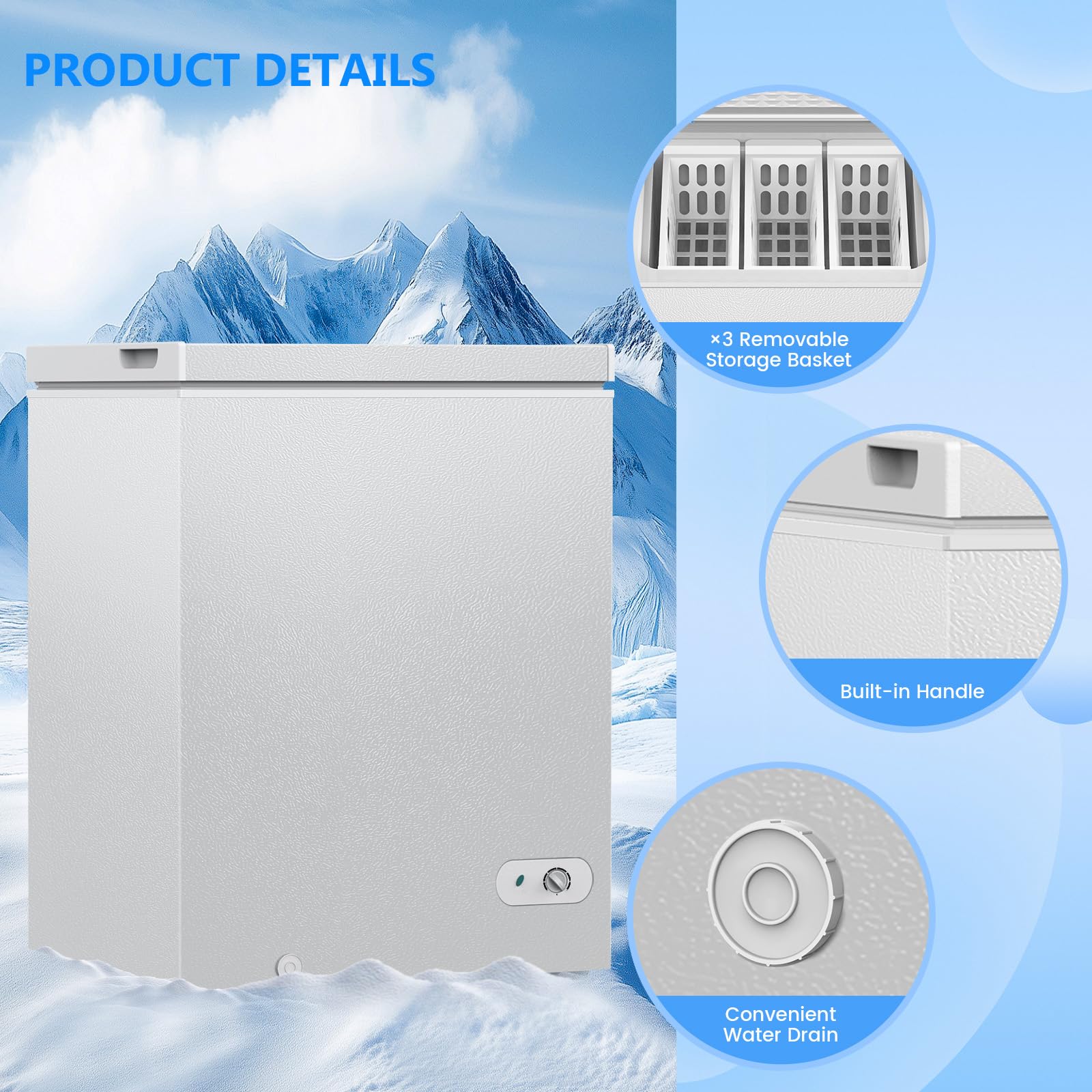 Cowsar 5.0 Cu.Ft Quiet Chest Freezer –3 Removable Baskets, 7 Adjustable Temperature, Energy-Saving Deep Freezer Chest Ideal For Home/Office/Garage/Dorm on Fridge.com - View 3
