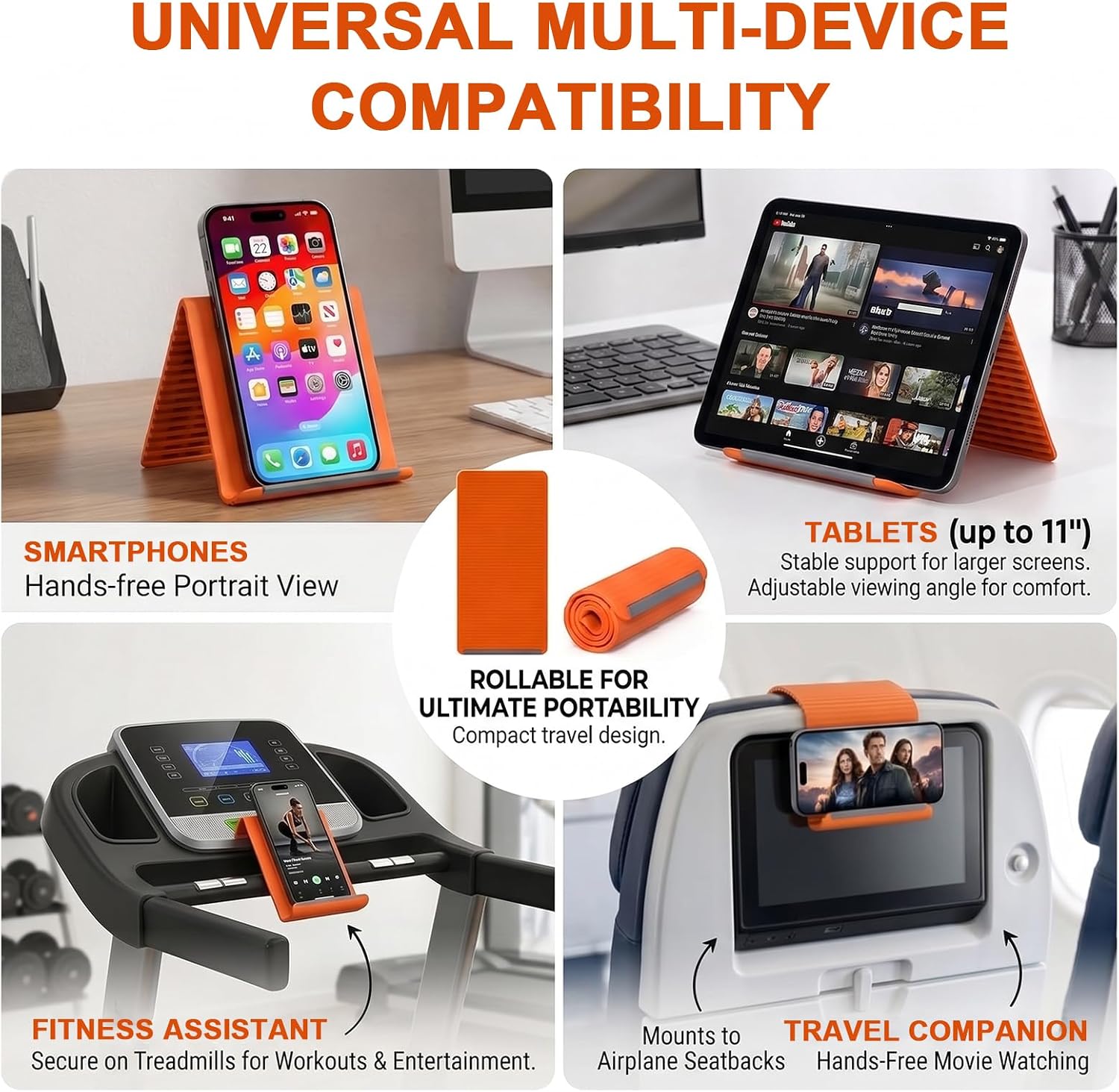 Flexible Silicone Phone Holder & Silicone Phone Stand, Bendable Airplane Travel Stand for Phone Tablet Laptop, Foldable Multi-Angle Desktop Mount with Bonus 360° Magnetic Ring Holder, Orange