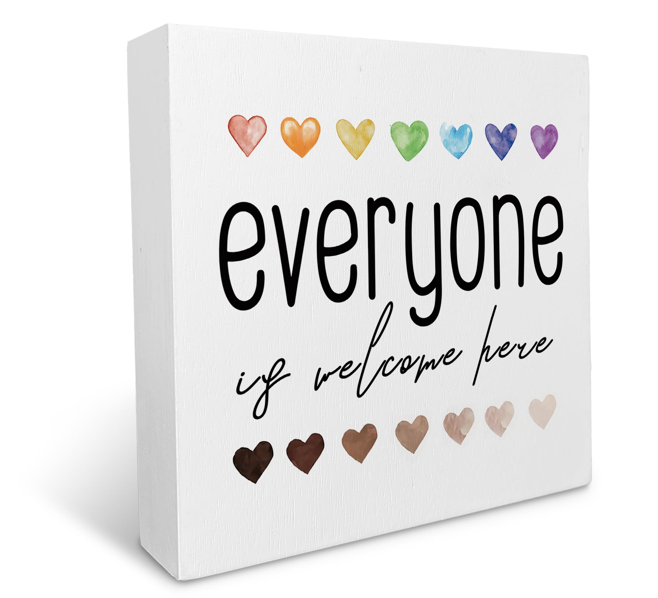 Everyone is Welcome Here Diversity Wood Box Sign Rustic Farmhouse Style Wood Block Plaque Decor for Classroom School Preschool Nursery Wall Desk Shelf Decoration,Diversity Equity and Inclusion Gifts