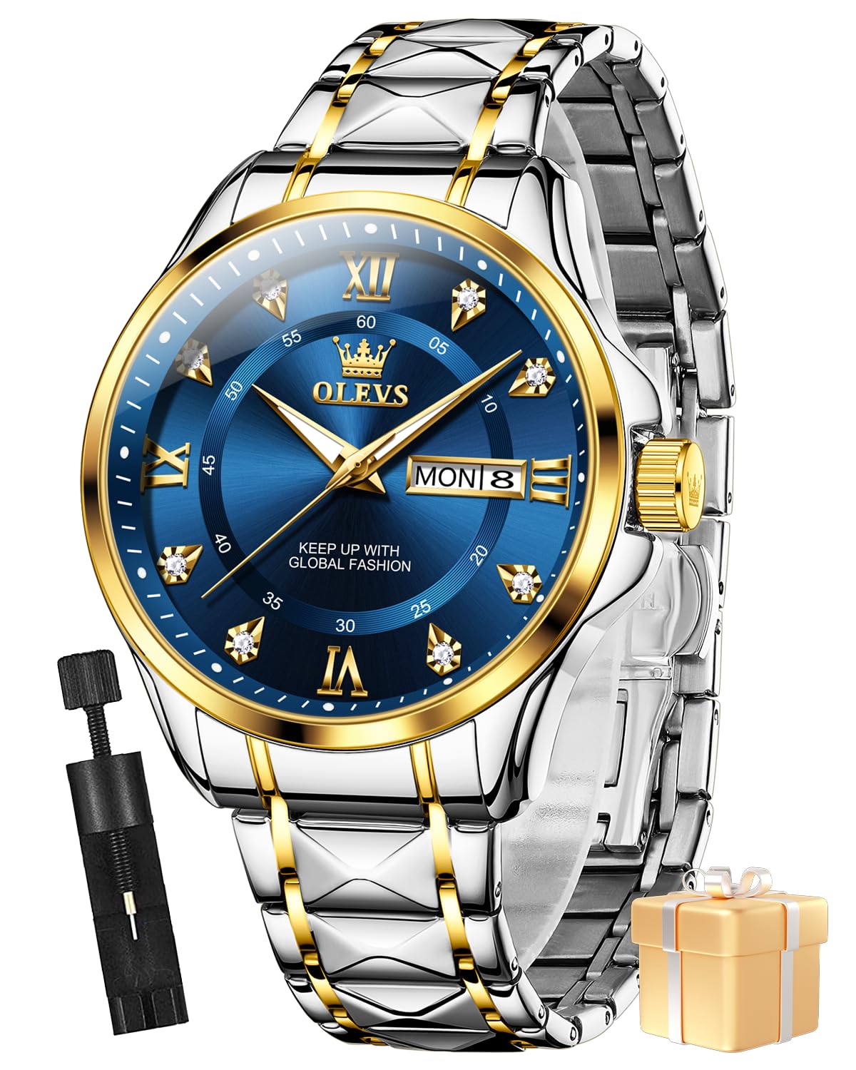 OLEVS Watches for Men Fashion Diamond Analog Quartz Men's Easy Reader Watch Stainsteel Steel Date Waterproof Luminous Business Watch