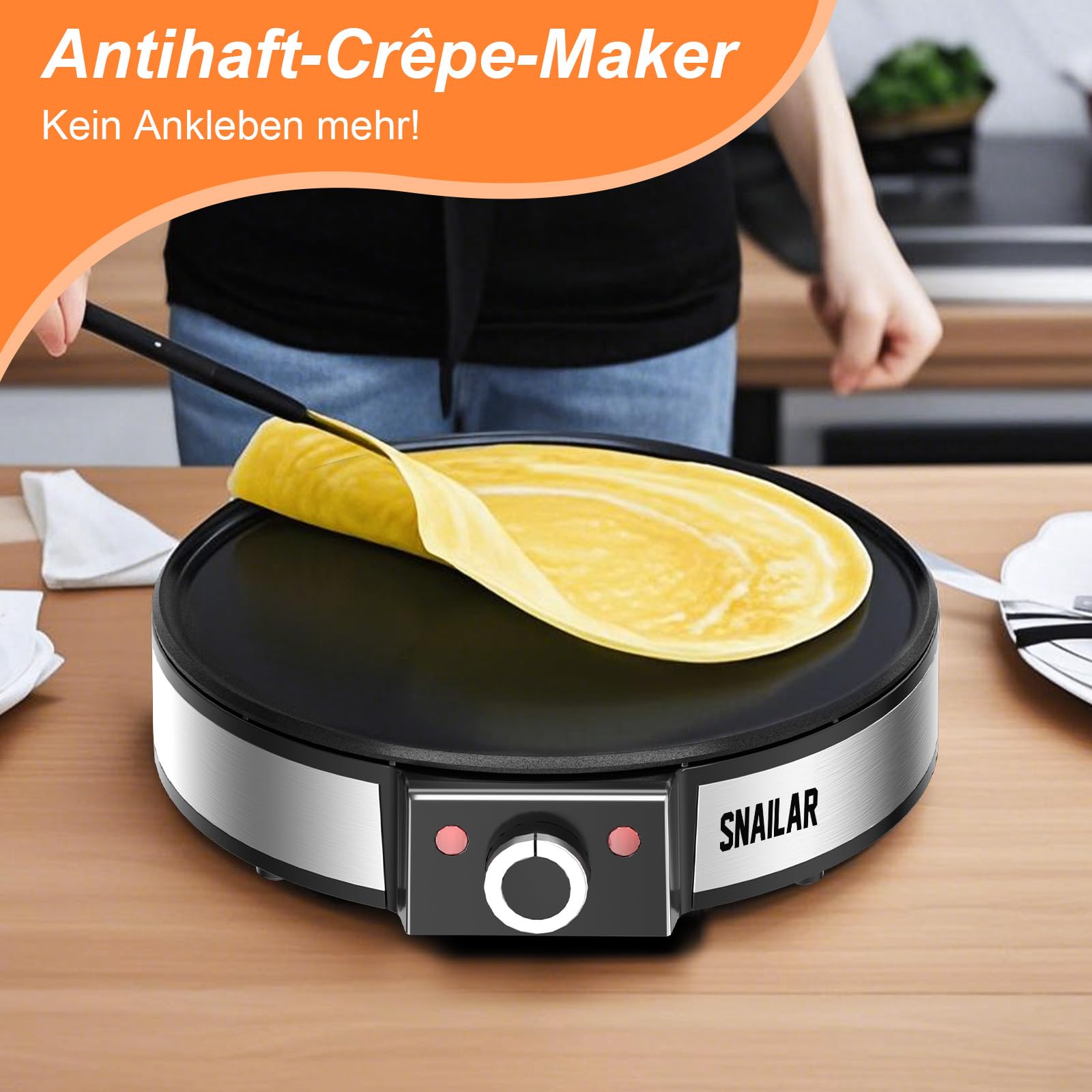 SNAILAR Crêpes Maker, Elektrische Crepesmaker 1200 W, Heizfläche mit Ø 30 cm, Antihaftbeschichtung, Stufenlose Temperatureinstellung, mit Teigteiler und Spatel, Für Crepes, Pancakes und Taccos