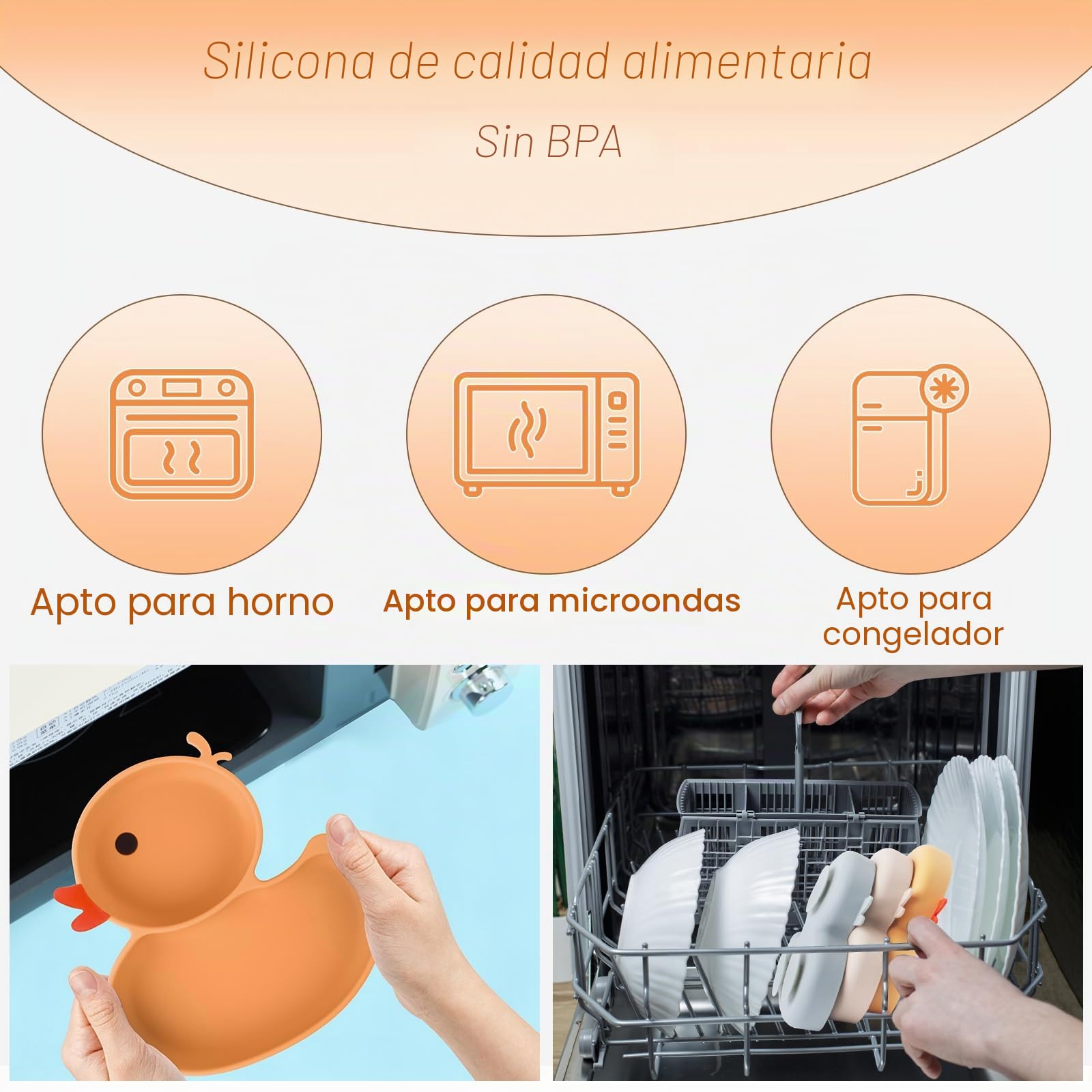 Placa de succión para bebé con cuchara y tenedor incluido, Plato Ventosa Bebe de Silicona para Niños Pequeños, Platos de Bebé Antideslizante (Naranja)