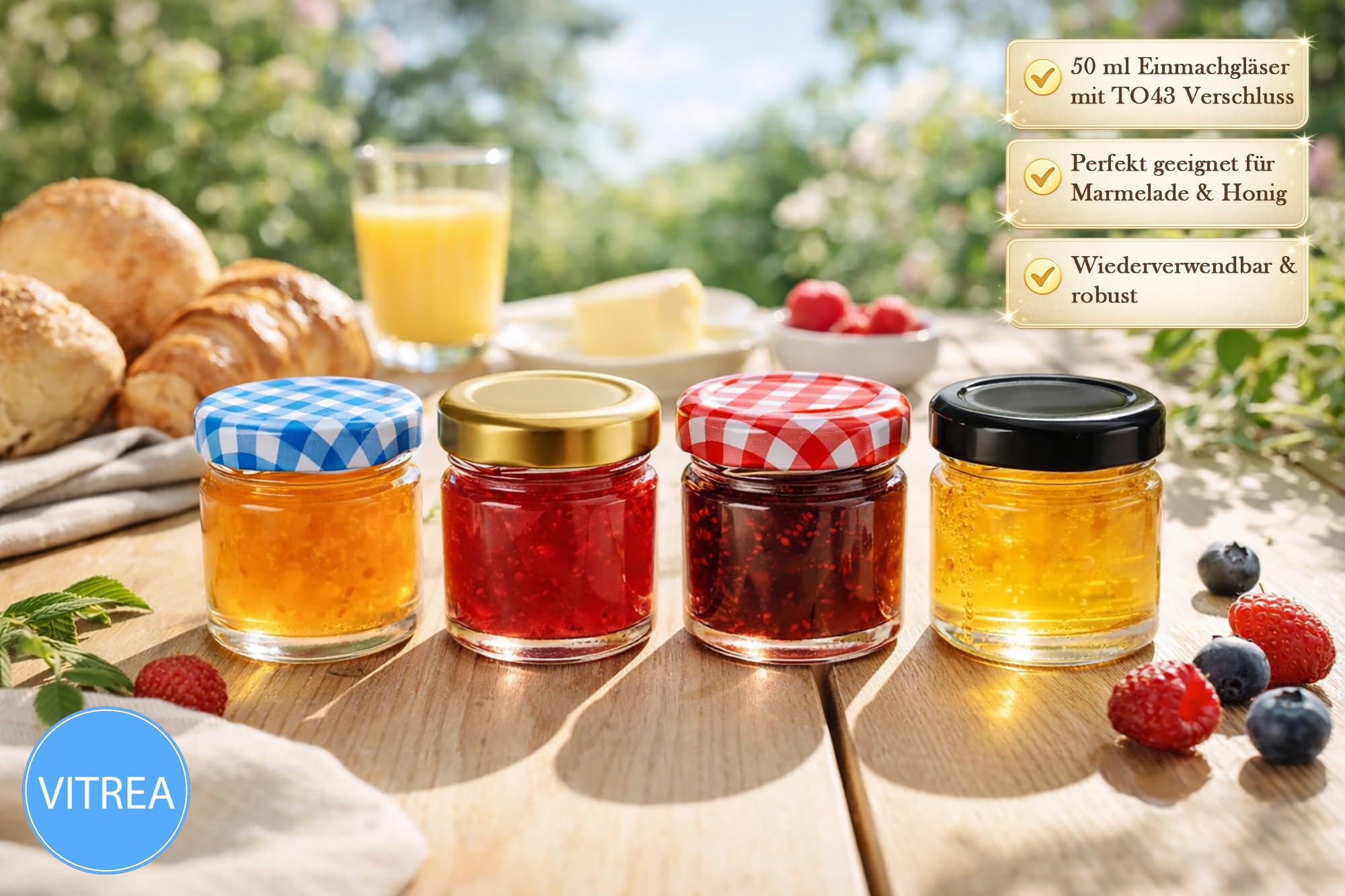 Vitrea 200x Mini Marmeladengläser 50 ml - mit Deckel Blau Kariert TO 43 - kleine Einmachgläser zum befüllen mit Schraubdeckel - Schraubgläser - leere Gläser für Marmelade - 200 Stück