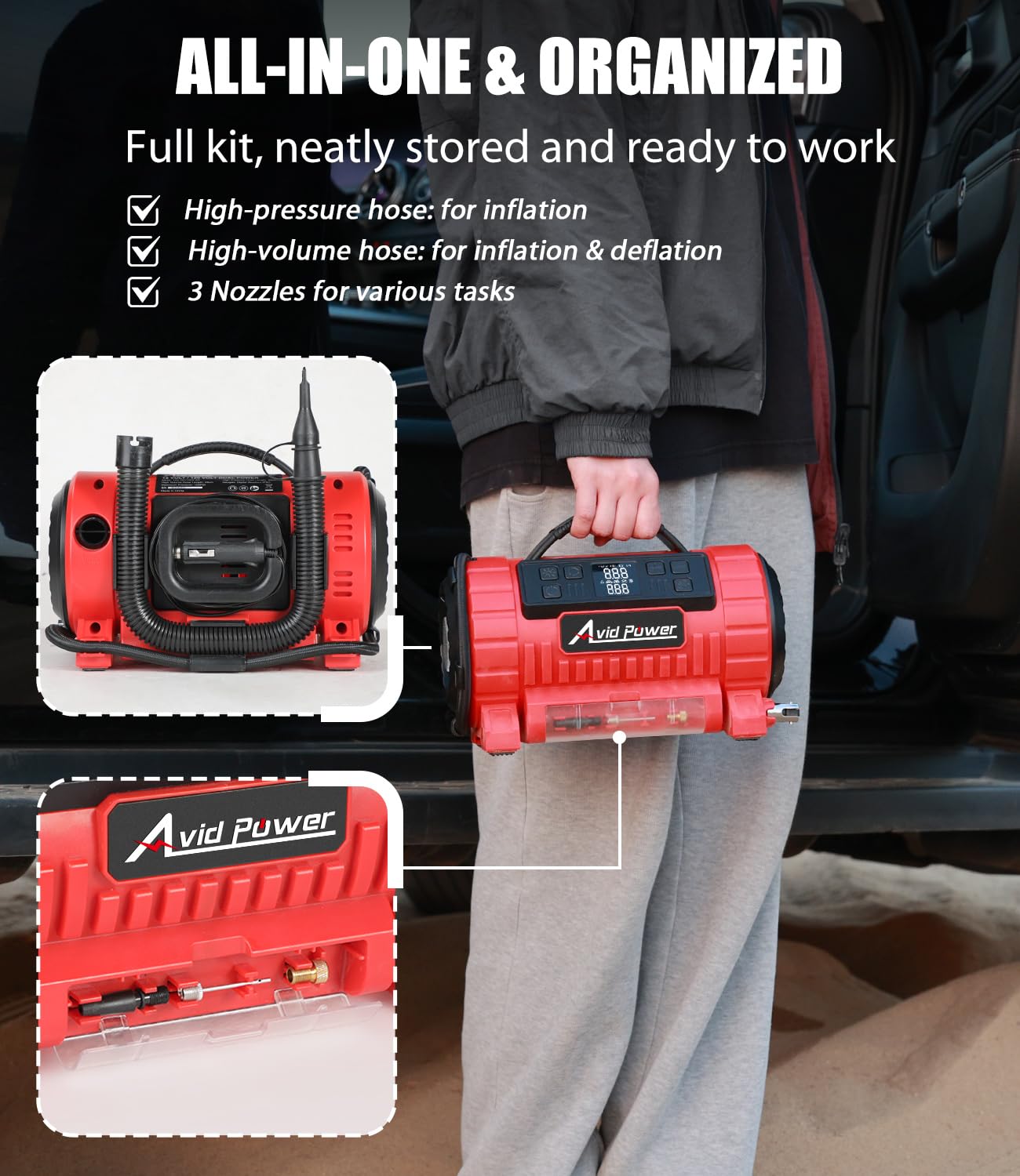 AVID POWER - Compresor de aire portátil, 12 V CC, 110 V CA, bomba de neumático de coche