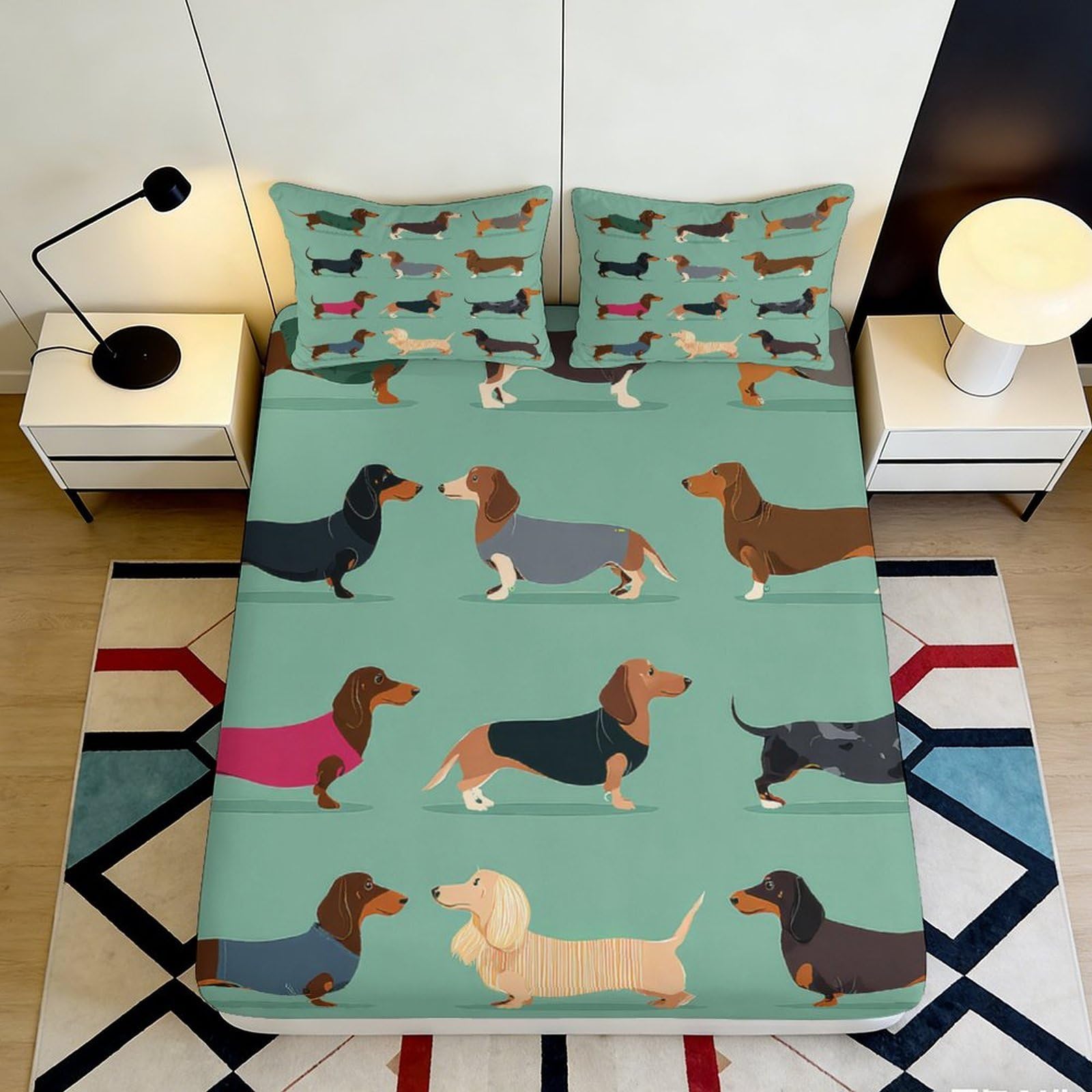 3D Printed Dachshund Cartoon Fitted Sheet Microfiber Soft Mattress Cover Dog Pattern for Bedroom Guest Room Decor 90x200x25cm