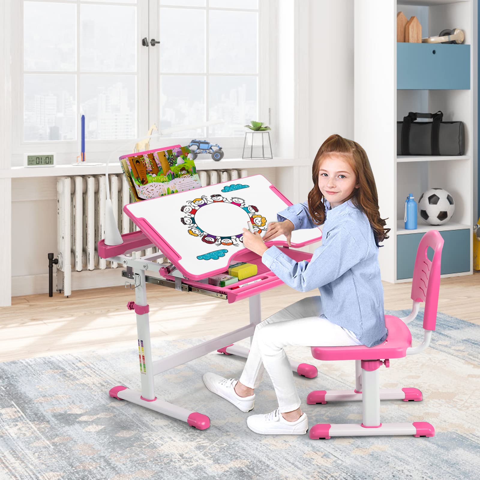 DREAMADE Kinderschreibtisch höhenverstellbar, Schülerschreibtisch neigungsverstellbar, Jugendschreibtisch mit LED-Lampe und Bücherständer, Schreibtisch Set für Kinder mit Stuhl und Schublade (Rosa)