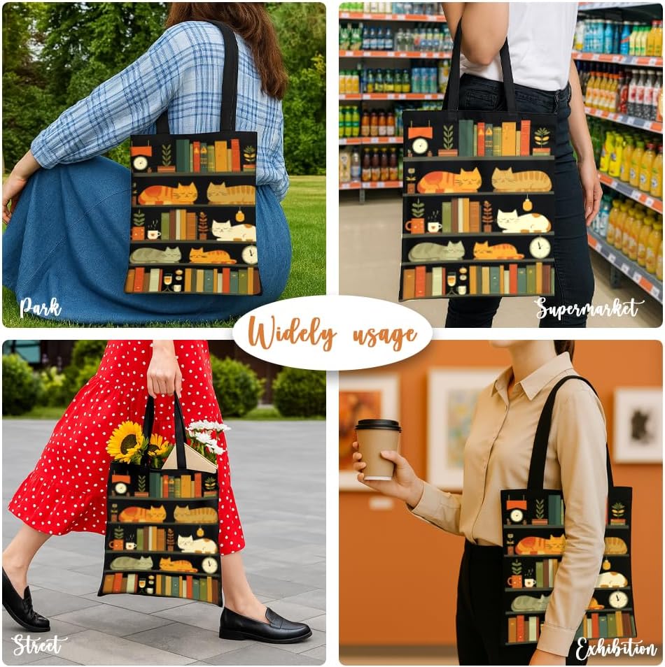 2 Pack Canvas Tote Bag with Makeup Pouch Bookshelves and Cats Tote Bag Cosmetic Pouch with Zipper Aesthetic Cute Canvas Bags for Women Shoulder Totes for Shopping Work Gym - Image 7