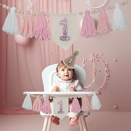 1st Birthday Highchair Banner Decorations Handmade-White,Pastel Pink,Pink Colore