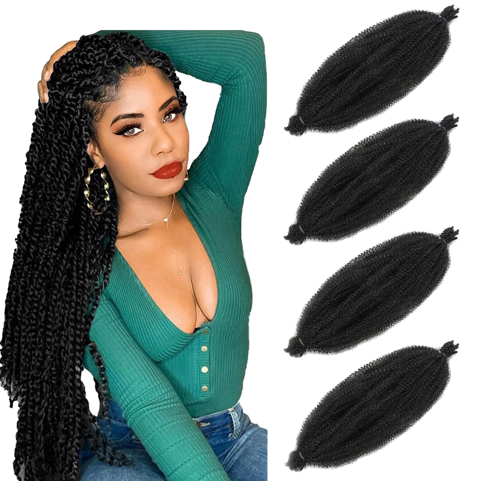 4 Packs 12 Inch Marley Twist Hair - Kinky-Curly Extensions, Black Pre-Separated Spring Twist for Distressed Locs, Afro Kinky Curly Braiding Extensions