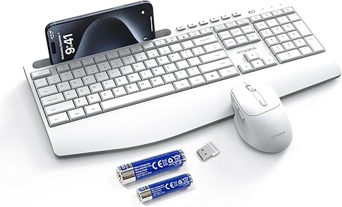 Miniatura 7 de KYSONA Combo de teclado y mouse inalámbricos, teclado inalámbrico de tamaño completo con reposamuñecas, soporte para teléfono, teclado óptico