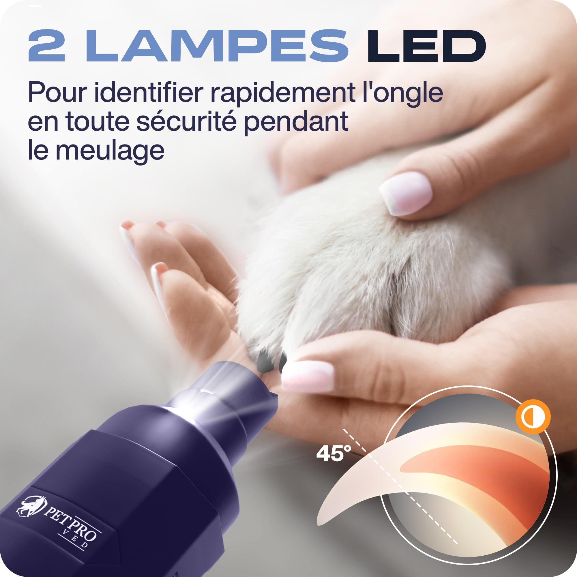 PETPROVED Lime pour Chien Lime Ongle Griffes Chien Electrique Silencieux Lime Griffe Chien Electrique avec 2 Lumières LED Sécurité Coupe Griffe Chien Chat Lime a Ongles pour Chien Professionnel