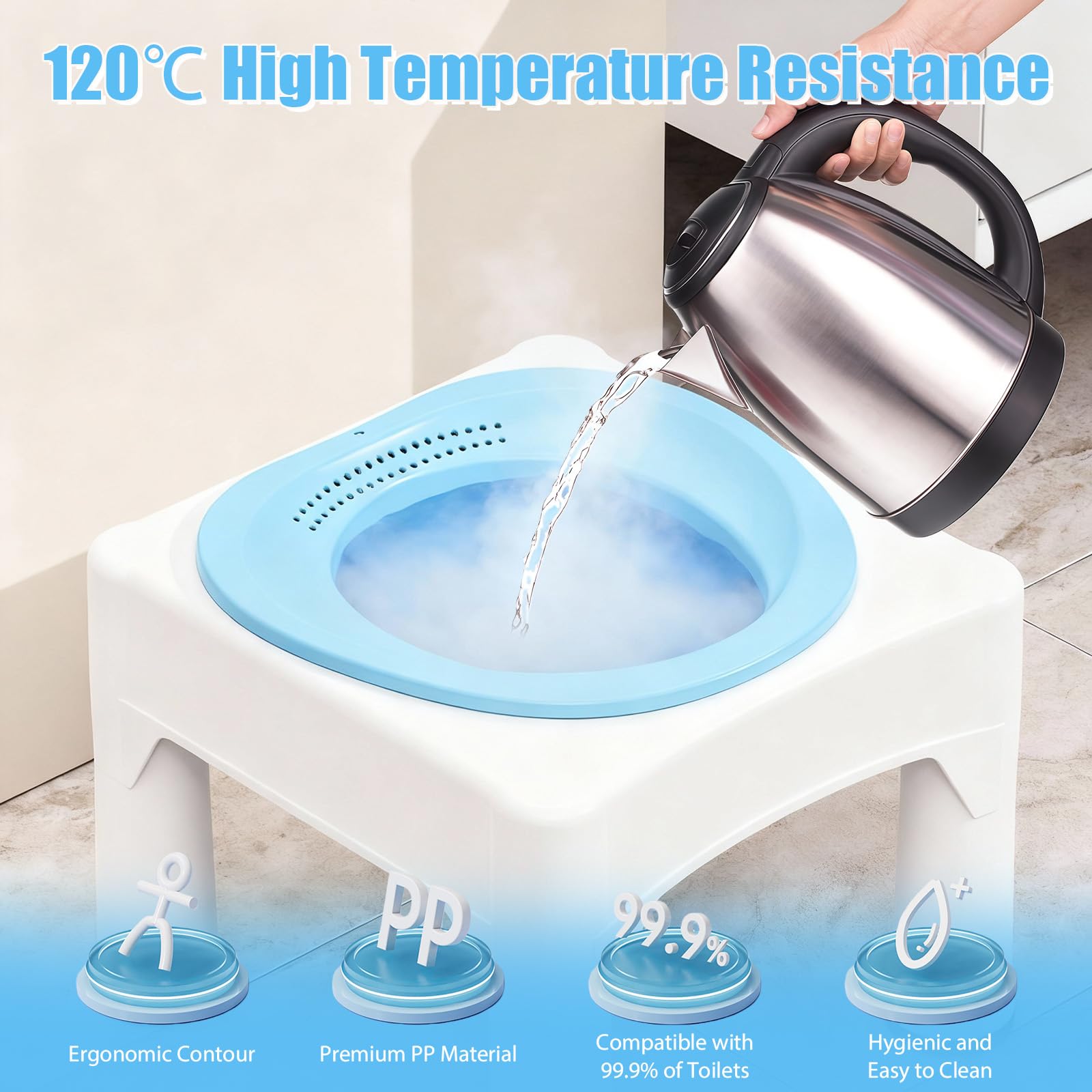 Baño de asiento con taburete, 1600 ml, bañera colgante para baños de asiento, bañera de cadera con acondicionador, resistencia al calor hasta 120 °C, bañera de asiento para tratamiento de hemorroides