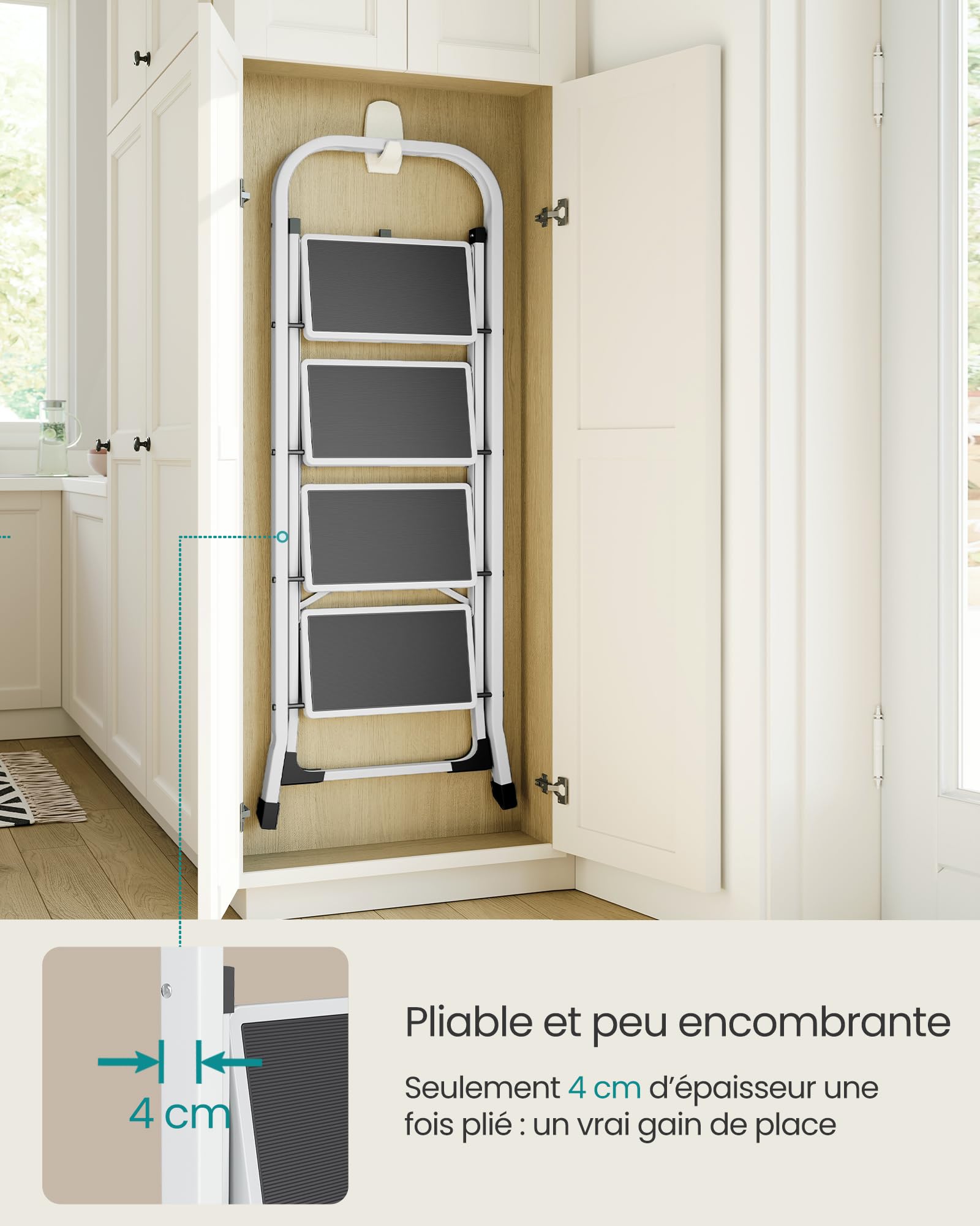 SONGMICS Marchepied 4 Marches Pliable, Escabeau, Verrou de Sécurité, Facile à Ranger, Charge 150 kg, Blanc GSL004WZ01 - 4