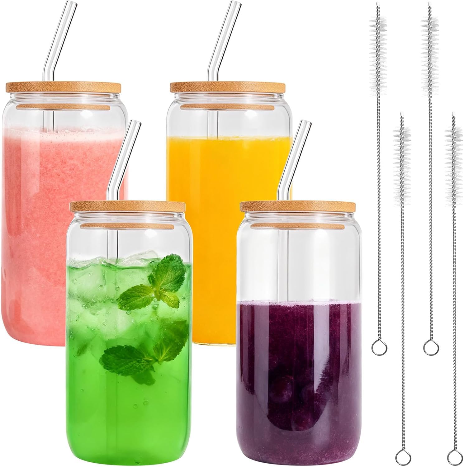 Iced Coffee Cup, Reusable Glass Cups with Lids & Straws - 8 Pack 16oz