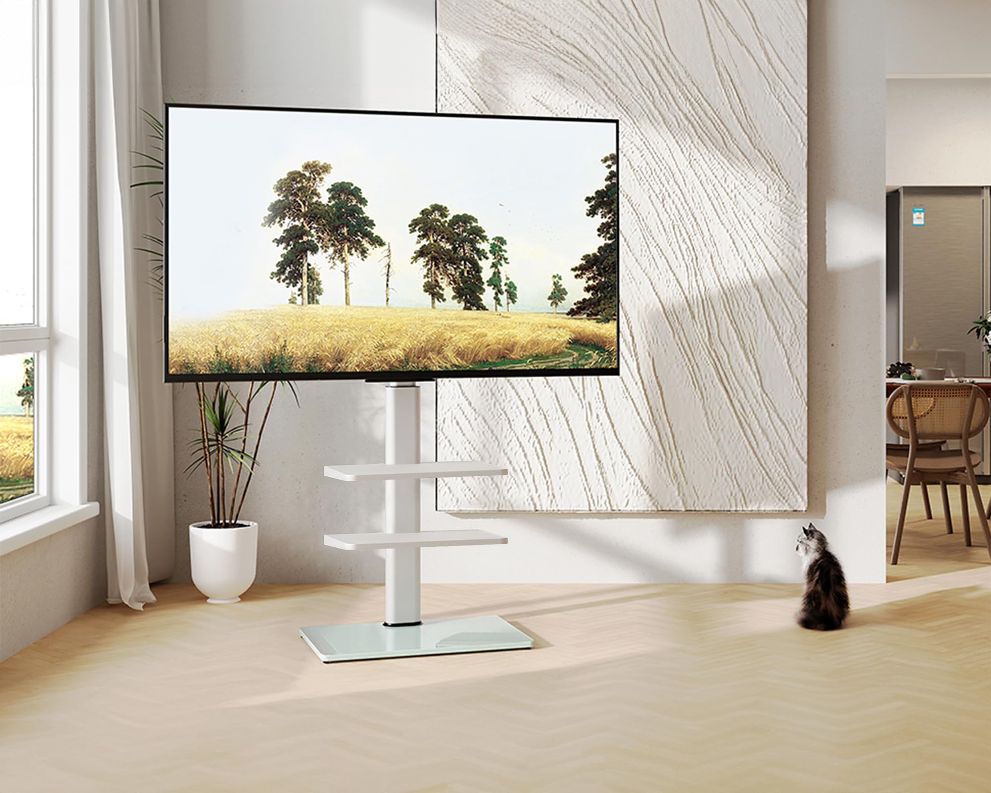 FITUEYES Biały stojak podłogowy na telewizor 32 do 60 cali, stojący stojak pod telewizor z regulowaną półką, obrotowy uchwyt, regulacja wysokości, mieści 30 kg, maks. VESA 600 x 400 mm