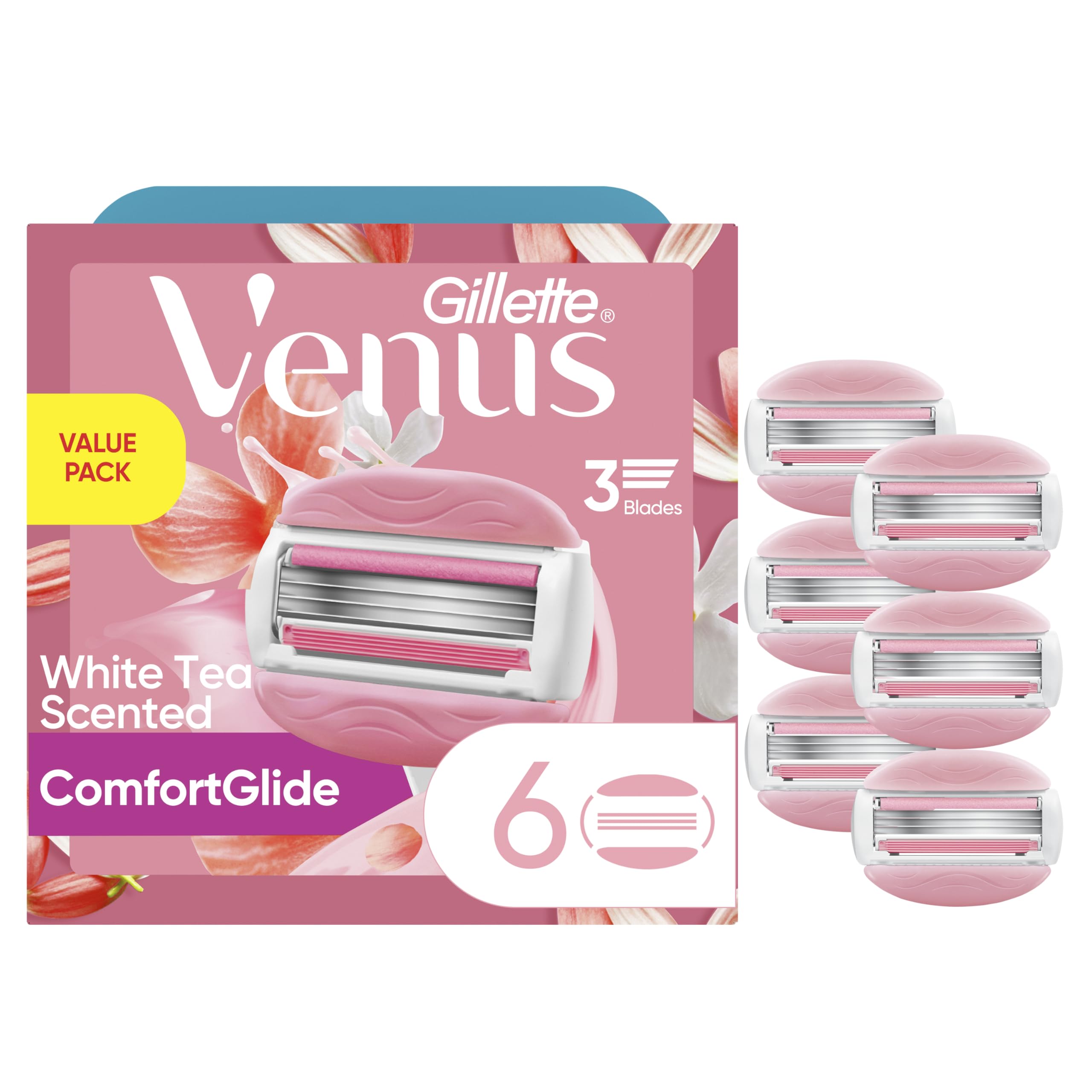 Gillette Venus ComfortGlide White Tea Women's Razor Blades, 3-Blade Razor Refills, 6 Count, Holiday Gifts for Women