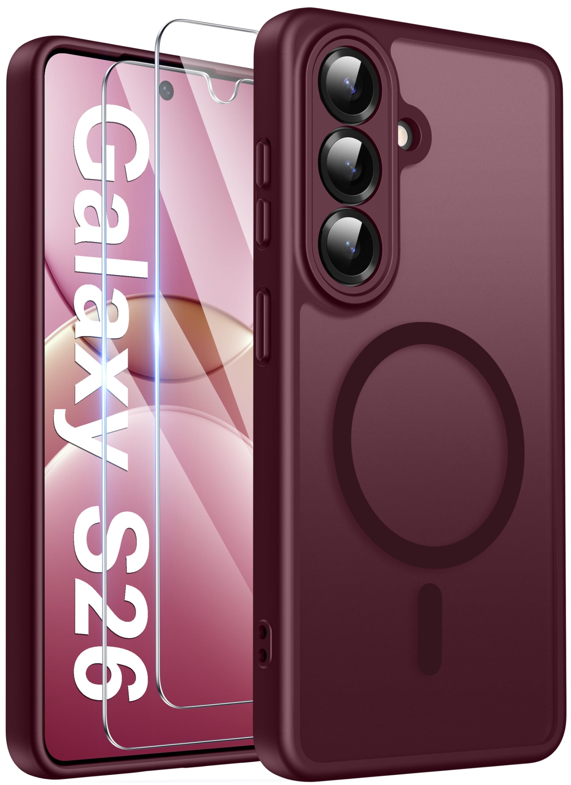 Opkiegrn für Samsung Galaxy S25 5G Hülle, Kompatibel mit MagSafe mit 2 Stück Panzer Schutz Glas Folie, KameraSchutz Folie Stoßfest Kratzfest Transluzente Matt Handyhülle für Samsung S25, Grau