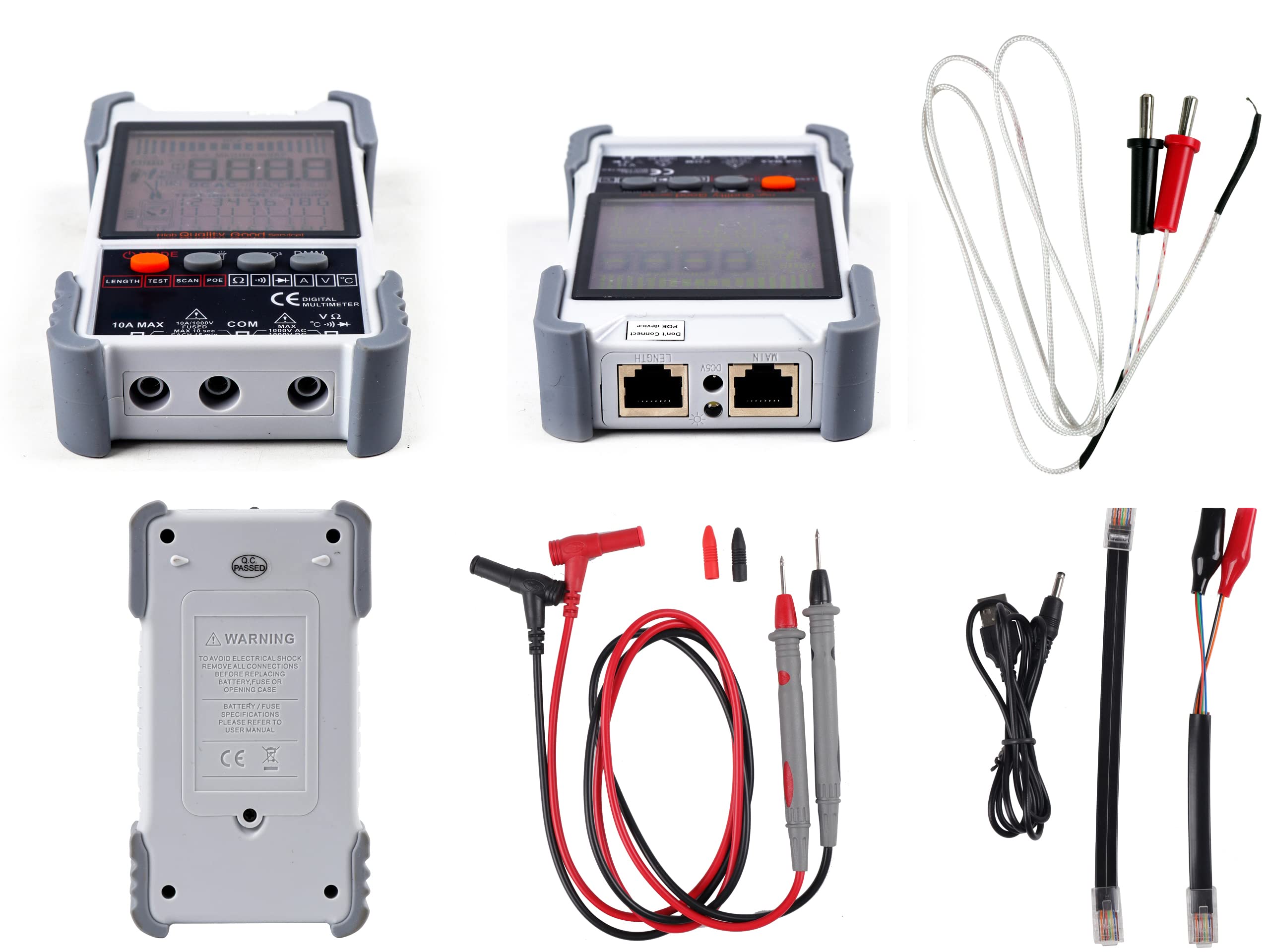 Kalea-Informatique Probador Profesional Digital LCD Red RJ45 RJ11 y Multímetro: Cartografía, Continuidad, Longitud, PoE, Tensión, Localización, Antorcha, Tensión Corriente Corriente AC DC, | Comprobador de red RJ45/RJ11 con multímetro integrado, medición