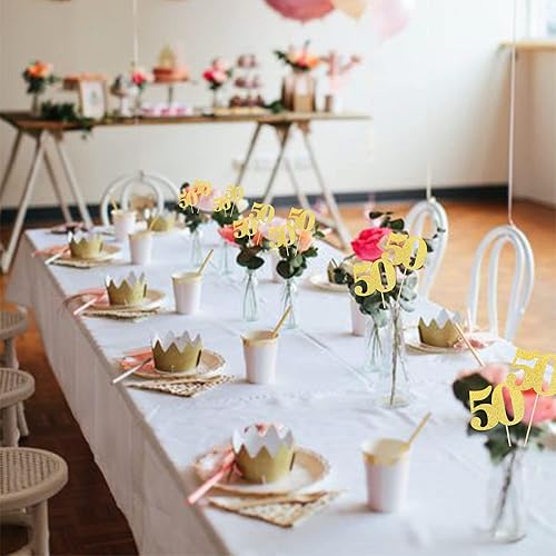 Vista 6 de 12 PCS Glitter 50th Birthday Centerpiece Sticks Number 50 Cake Toppers Fifty Table Flower Topper Decorations for 50th Birthday Anniversary Party