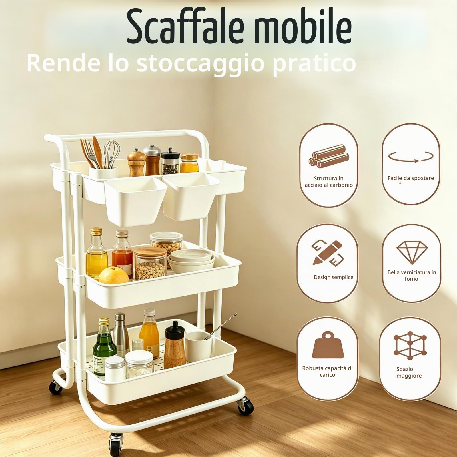 Carrello Cucina a 3 Ripiani, Carrello con Ruote Portatutto Cucina, Carrellino Salvaspazio, Carrello Portaoggetti con 2 Scatole, Supporto in Metallo e Cestino Plastica, 39x36x80cm, Bianco