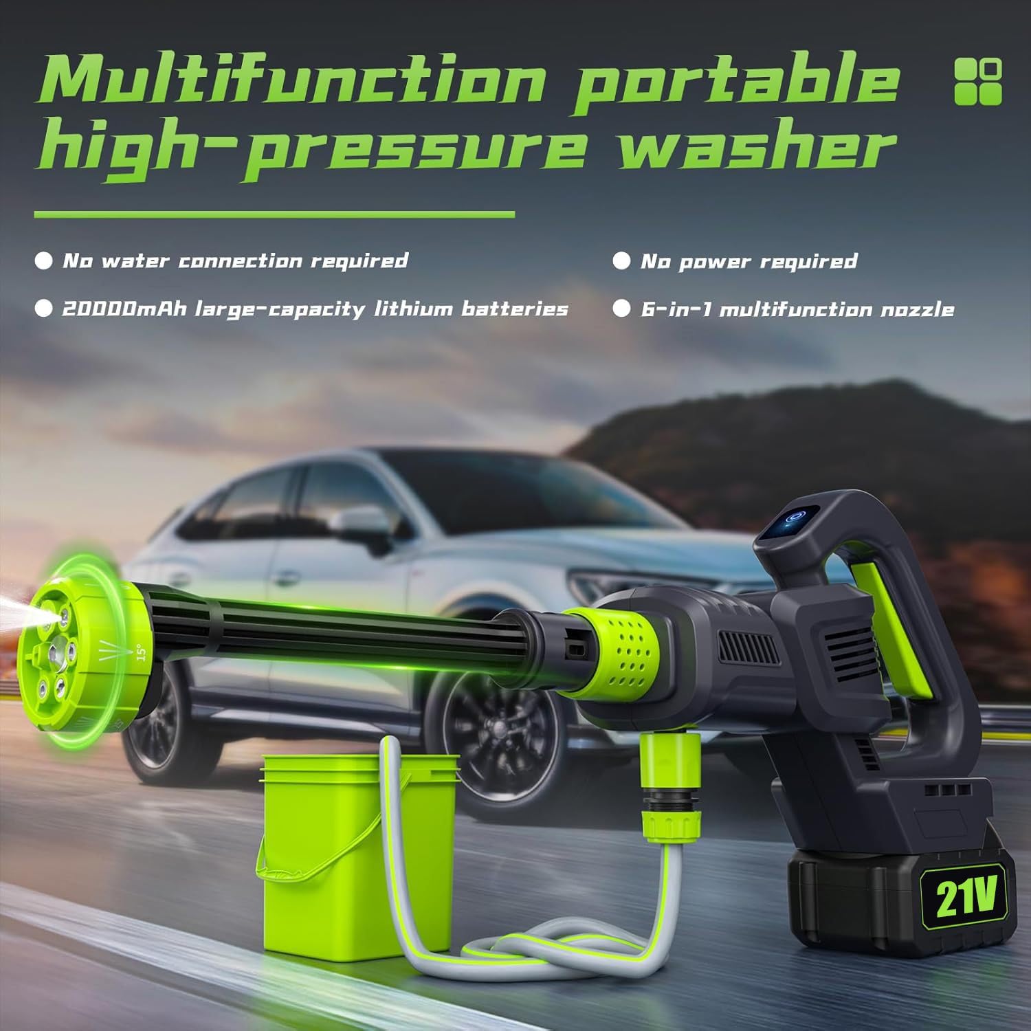 Nettoyeur Haute Pression sans Fil 3000W, buse Multifonction 6 en 1, Nettoyeur Haute Pression 200Bar, Pistolet de Lavage de Voiture, nettoyeurs Haute-Pression (2 Piles)