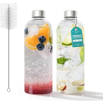 ACXIN Set of 2 Glass Drinking Bottles 1000 ml Made of Borosilicate Glass Water Bottles with Stainless Steel Lid and Cleaning Brush Dishwasher Safe Heat Resistant & Leak-Proof for Office and Home
