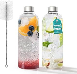 ACXIN 2er Set Glas Trinkflaschen 1000ml aus Borosilikatglas Wasserflaschen mit Edelstahldeckel & Reinigungsbürste spülmaschinenfest, hitzebeständig & auslaufsicher für Büro & Zuhause