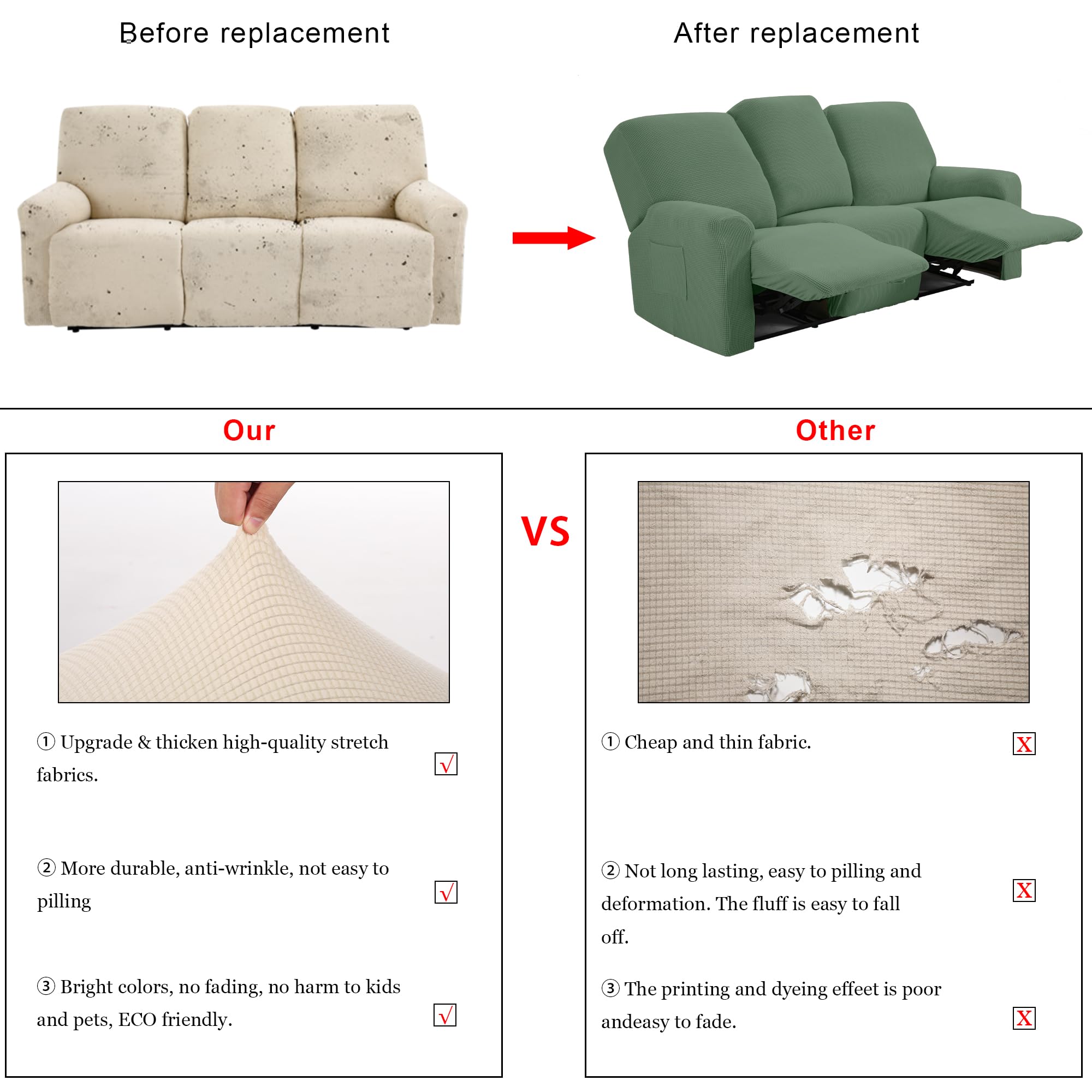 TIANSHU 3 Posti Fodera per Poltrona Reclinabile, Fodera per Poltrona Reclinabile Jacquard, Fodera per Divano Reclinabile Elasticizzata (Poltrona Reclinabile, Verde)