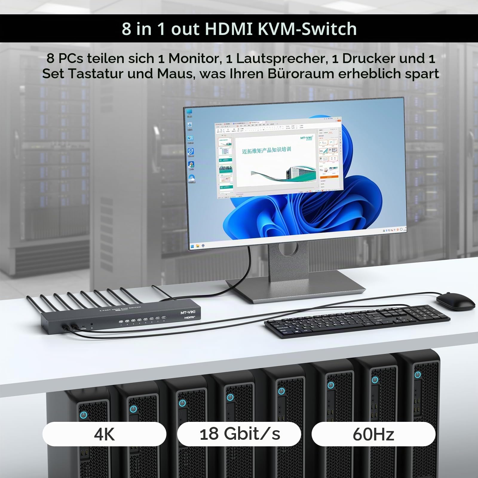 MT-VIKI 4K@60Hz HDMI KVM Switch 8 Port mit 8 Kabeln & 3,5mm Audio 19'' 1U Rackmount-KVM-Switch mit 4 USB 2.0, HDMI 2.0, HDCP 2.2