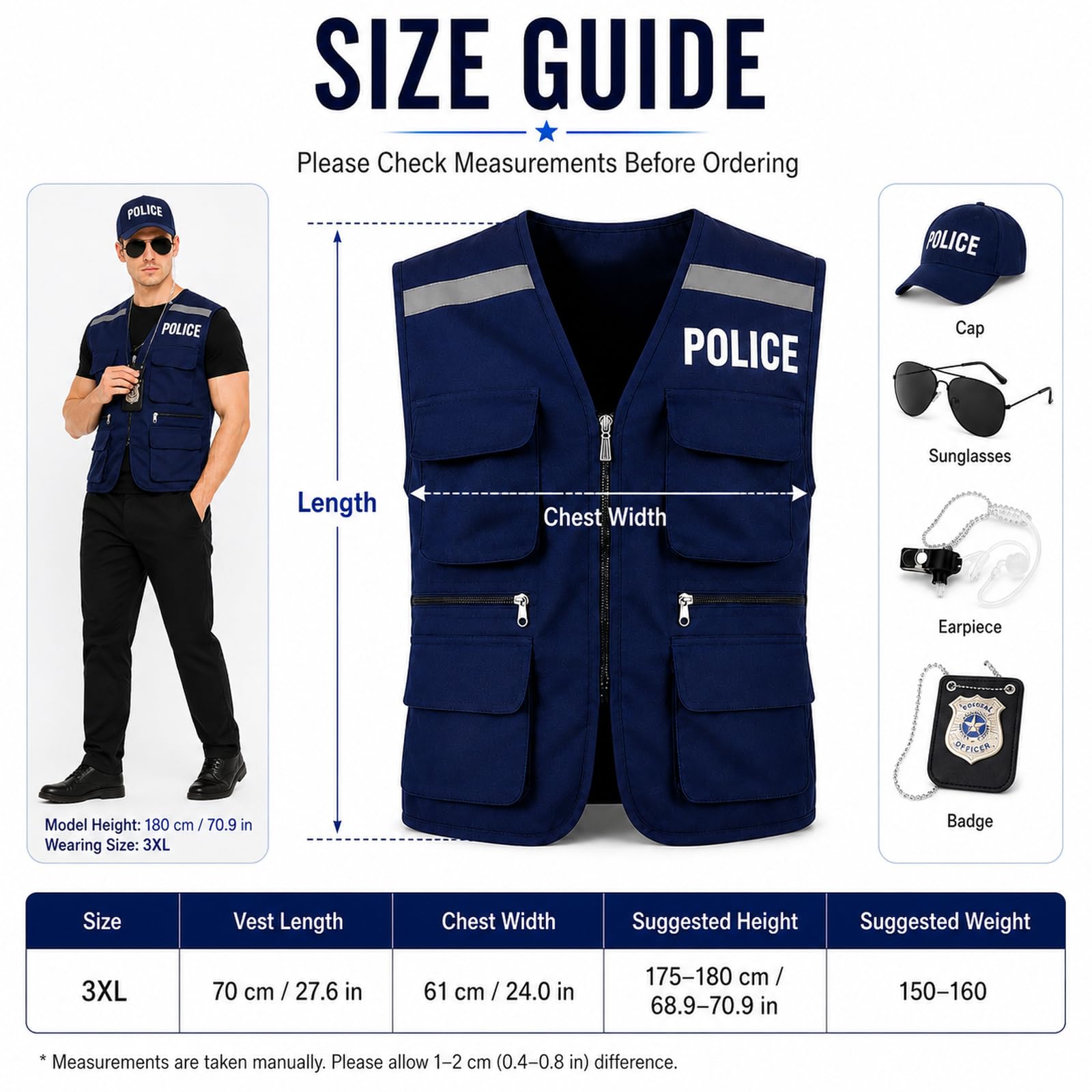 Polizei-Kostüm für Erwachsene, 5-teilig, Halloween-Polizisten-Kostüm, Herren, mit blauer Weste, Polizistenhut, Polizeiabzeichen, Kopfhörer, Brille, blaue Polizeiweste, Cosplay-Outfit für