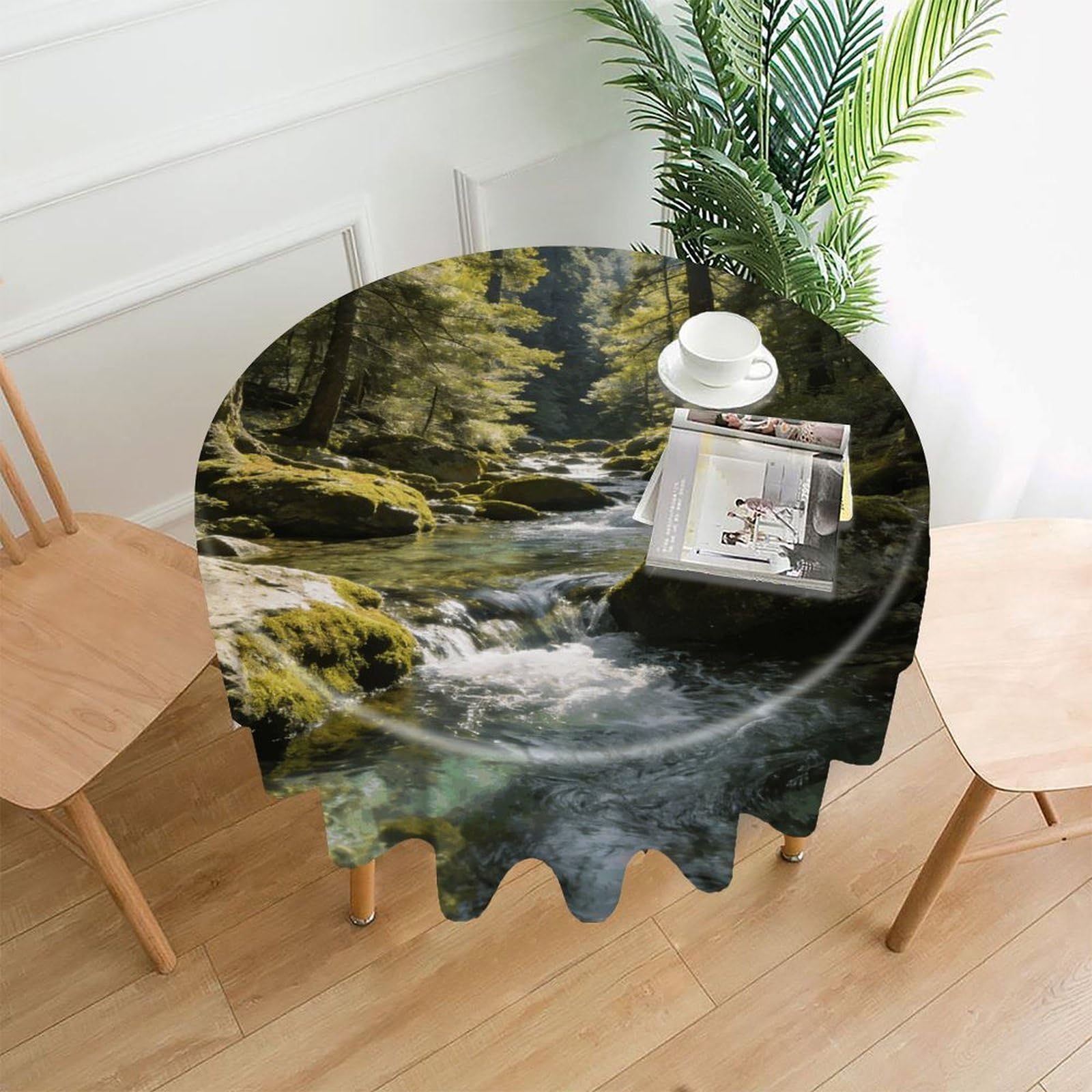 LZQPOEAS Green Valley Stream Waterfall Tablecloth Easy to Clean Polyester Round Table Cover Washable Round Table Cloth Wrinkle-Free Circle Decoration Tablecloth for Kitchen and Dining Room 60"