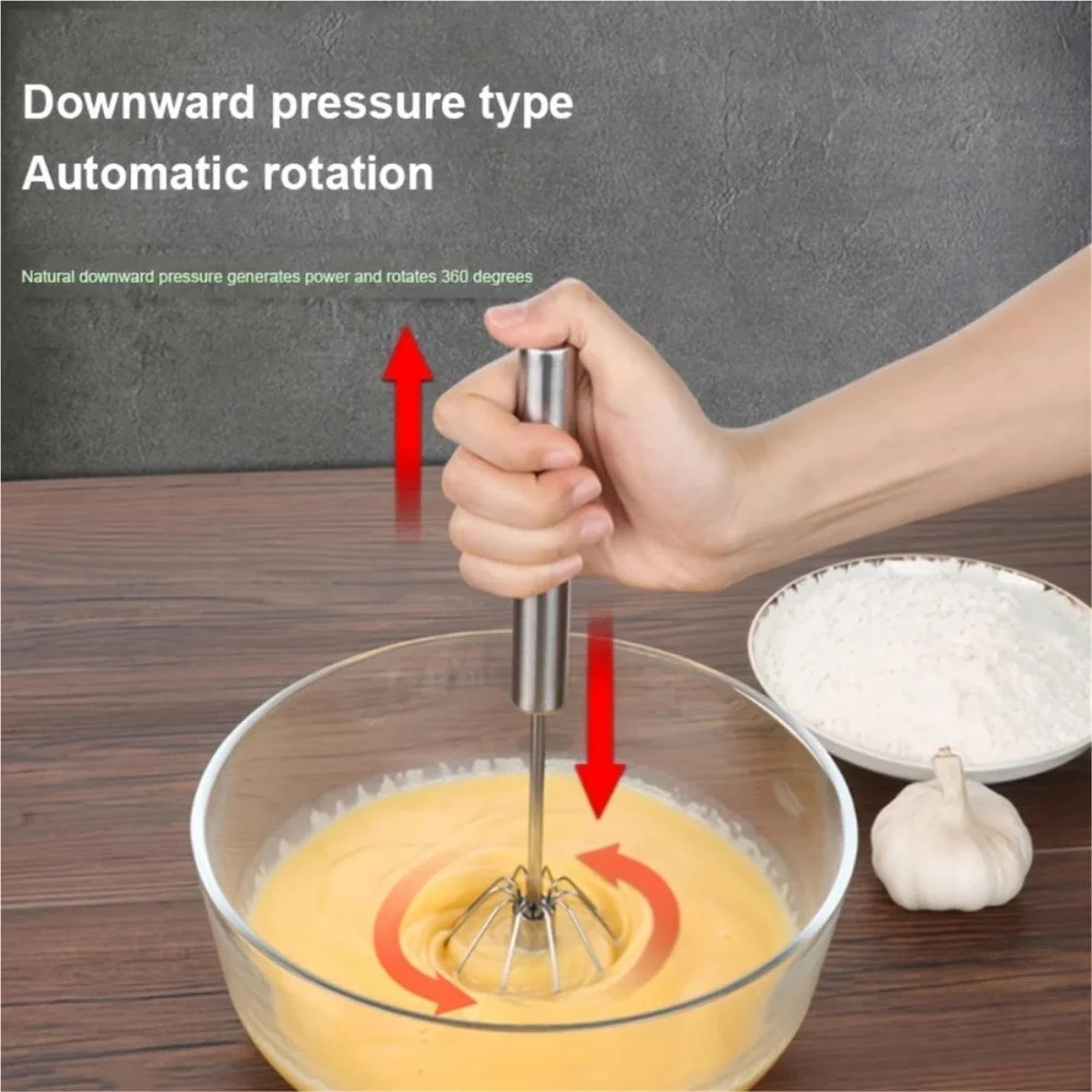 Kochen Edelstahl Schneebesen Milchkännchen Halbautomatischer Drehbesen Buchenholz Vase Griff Handmixer Kochen Ballon Ei(3