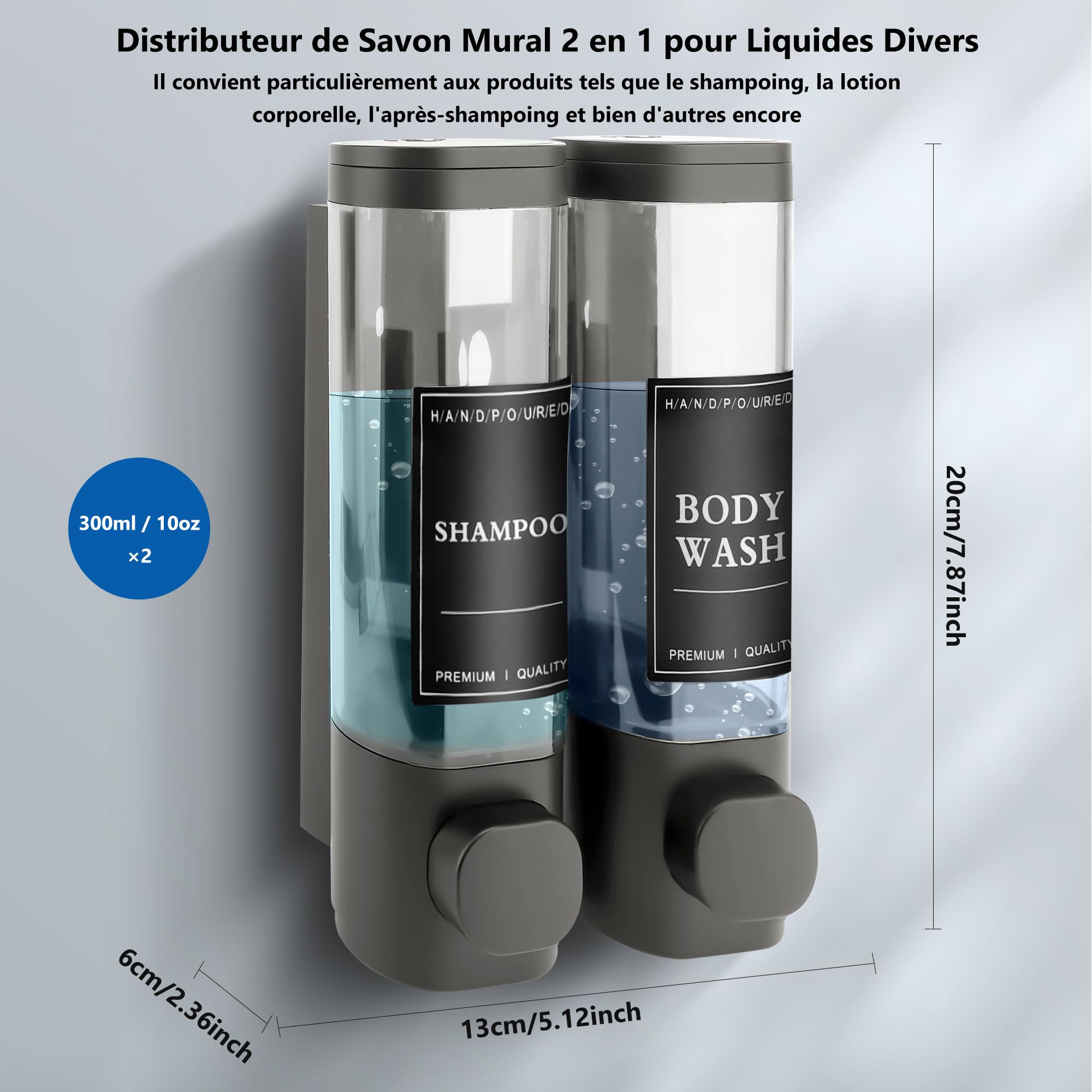 Distributeur de Savon Mural, Distributeur Gel Douche, Distributeur Double de Shampoing et Après-shampoing sans Perçage ABS pour Salle de Bain Cuisine Marché Hôtel Restaurant 300ML*2(Gris)
