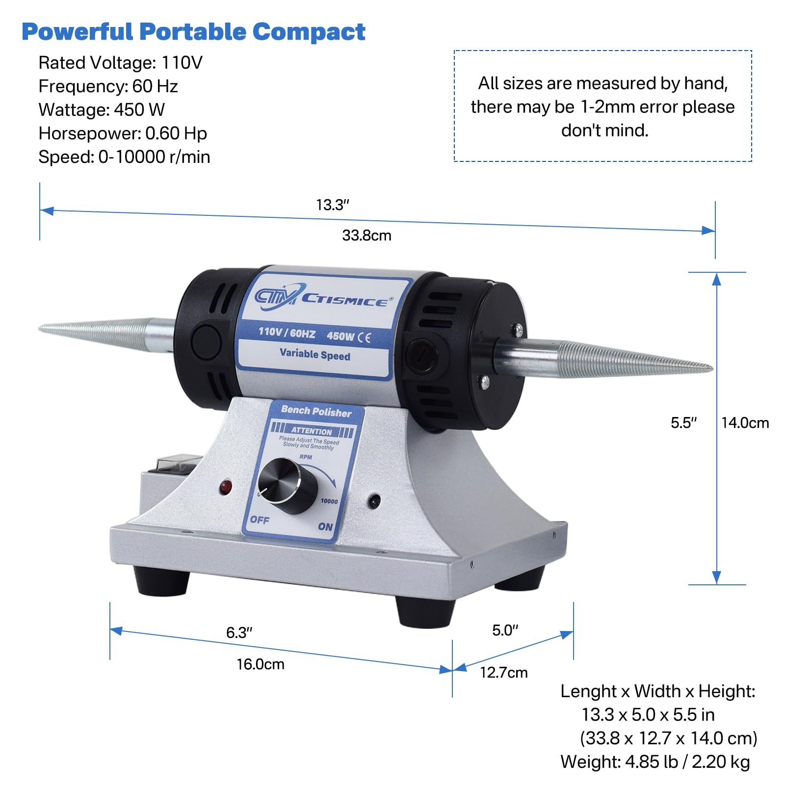 Lucidatrice da banco per gioielli, lucidatrice da tavolo a velocità variabile regolabile, smerigliatrice buffer da 450 W con 8 ruote lucidanti, 2 pezzi di composto lucidante, occhiali da