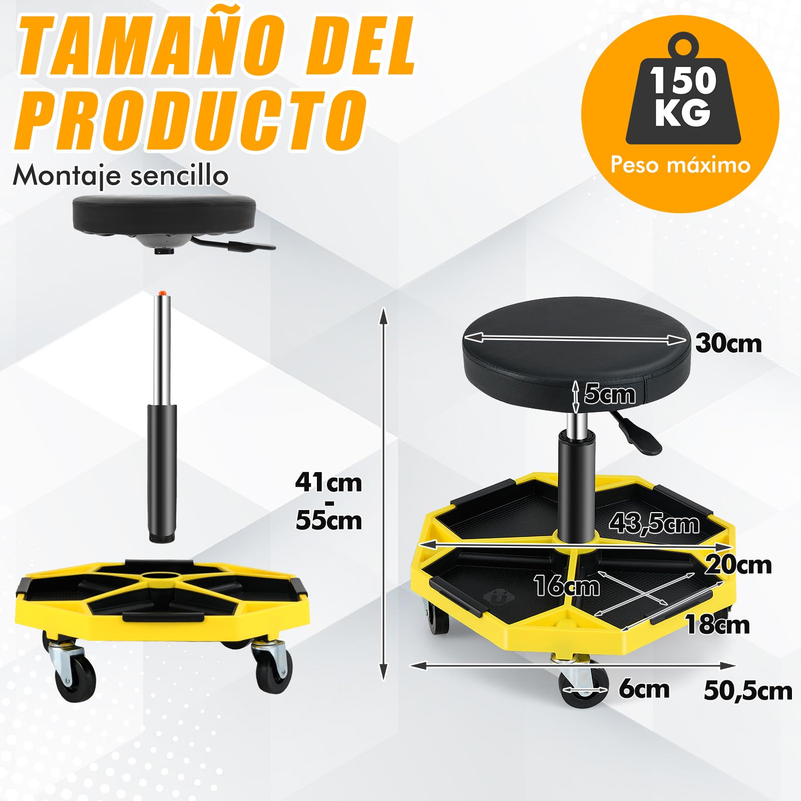 GOPLUS Taburete de Mecánico con 4 Ruedas, Taburete de Taller con Bandeja de Herramientas, Carga 150 kg, 50,5 x 50,5 x 41-55 cm, Ajustable, Asiento Mantenimiento para Coches Garaje (Negro + Amarillo)