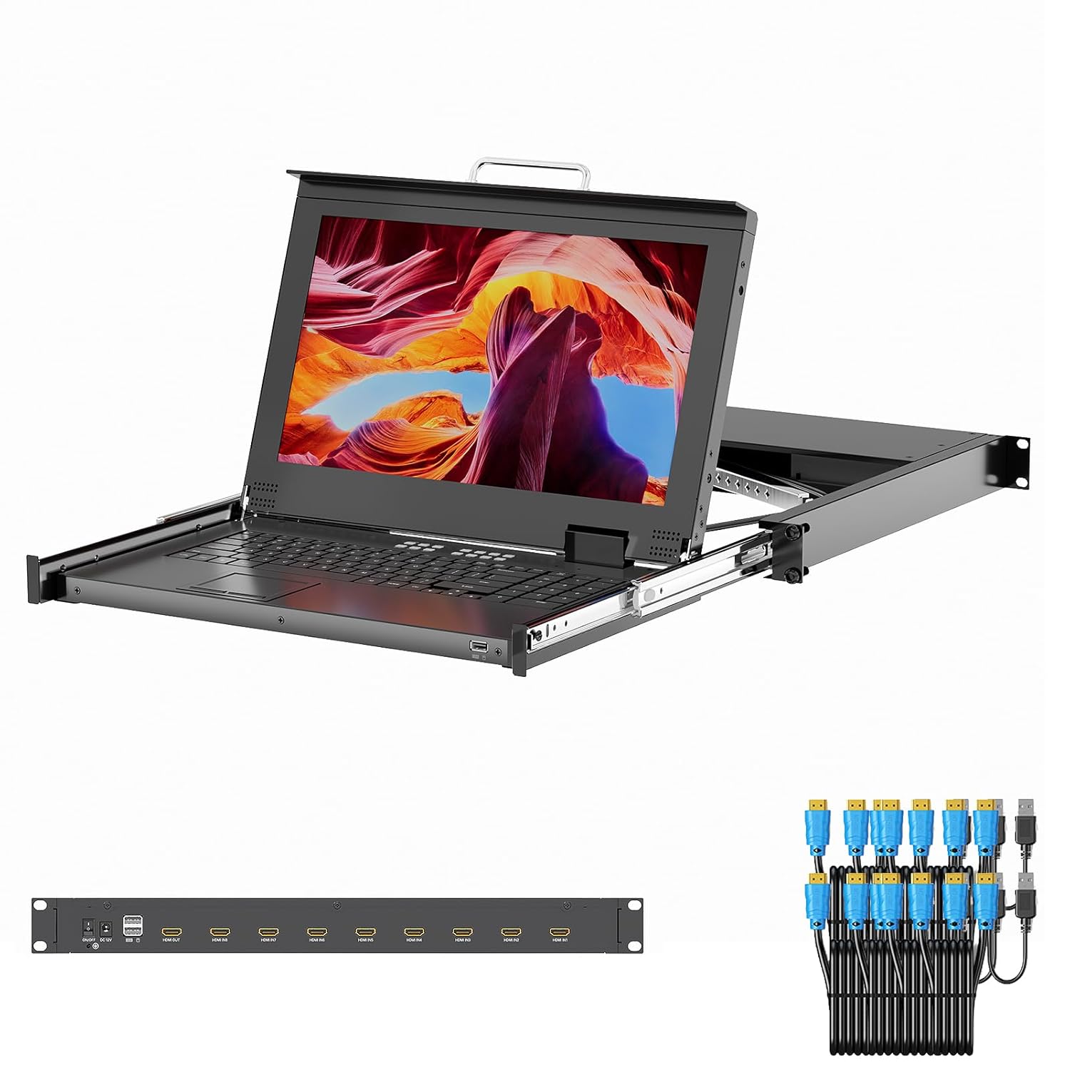 15.6" LCD KVM Switch 8 Port HDMI with Cables, Arvitek 1U Rack Mount Console with Keyboard Touchpad, Fits 23.5–31.5" Rack Depth, 1920 * 1080P