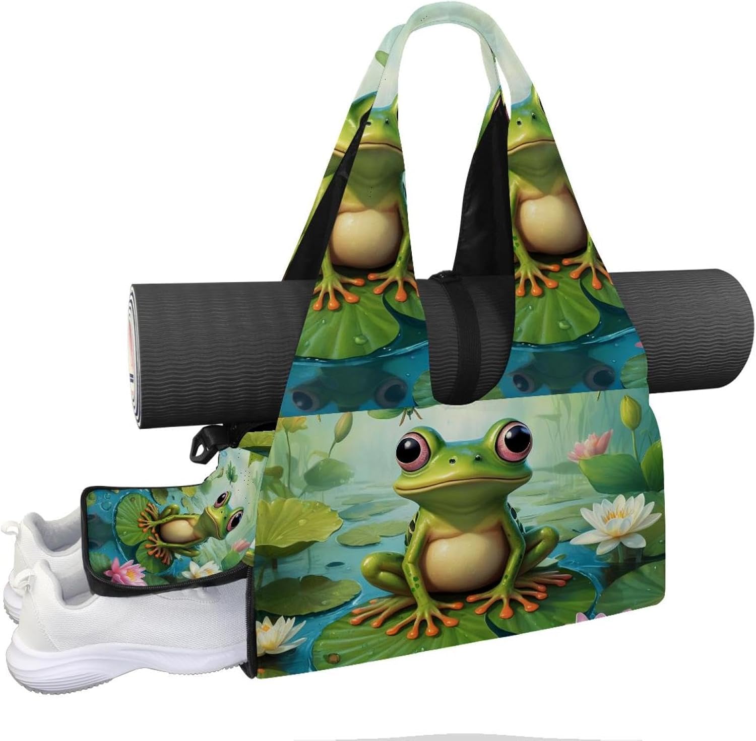 Yoga Mat Bag, Gym Workout Bag with Shoe Compartment, Frog Pilates Bag for Women, Quick Access Storage Yoga Tote Bag for Sports Travel Office