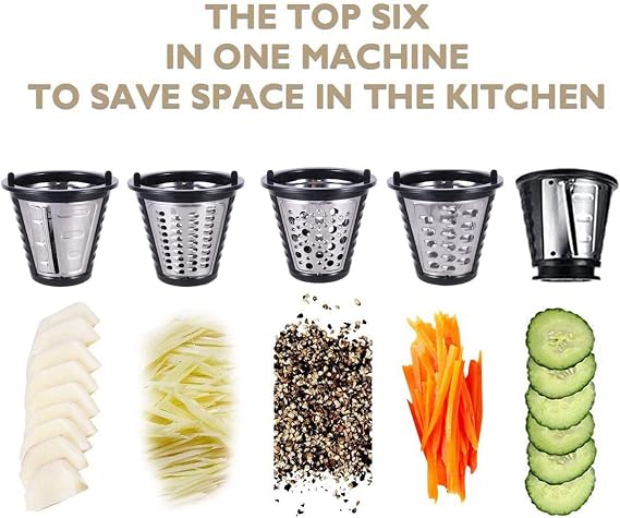 Electric Cheese Grater Slicer Shredder Salad Maker for Kitchen 150W 5-in-1 | Slices shreds grates cheese carrot potato cucumber nuts, 5 stainless steel cones,for salad pizza soup tacos,one-touch control