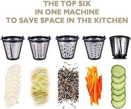 Electric Cheese Grater Slicer Shredder Salad Maker for Kitchen 150W 5-in-1 | Slices shreds grates cheese carrot potato cucumber nuts, 5 stainless steel cones,for salad pizza soup tacos,one-touch control
